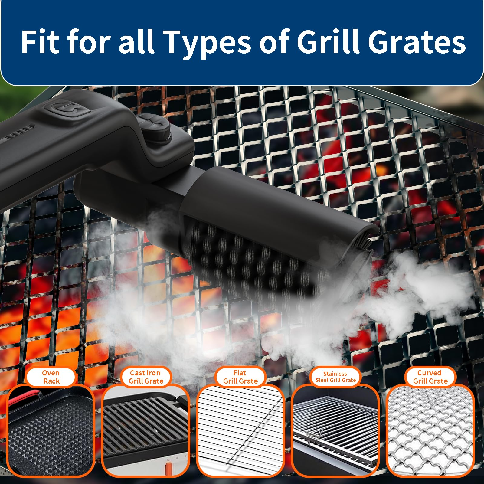 Eine Grillbürste mit Dampf reinigt verschiedene Grillroste: Ofenrost, Gusseisen, flach, Edelstahl, gewölbt.