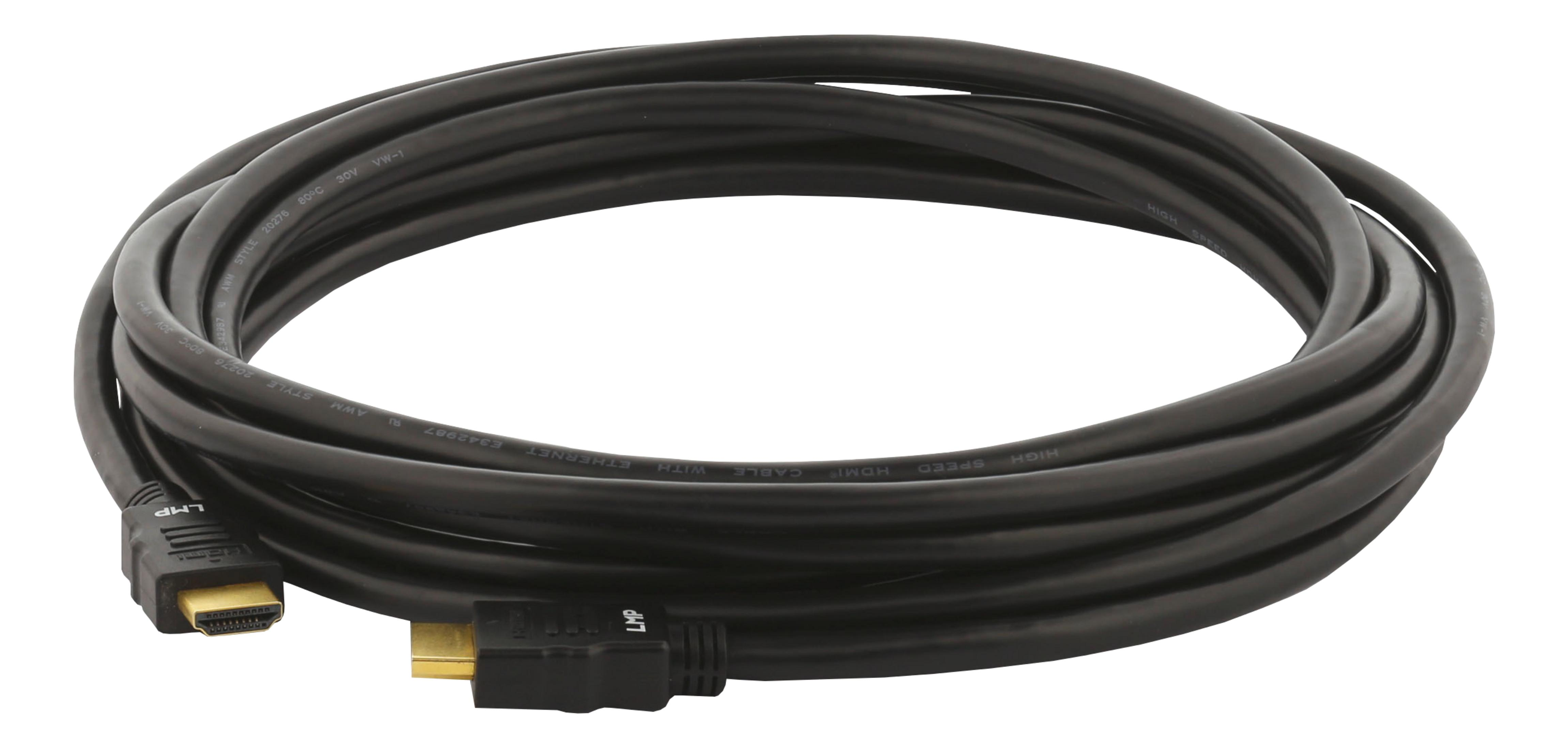 Ein schwarzes HDMI-Kabel mit Ethernet, aufgerollt, mit goldenen Anschlüssen.