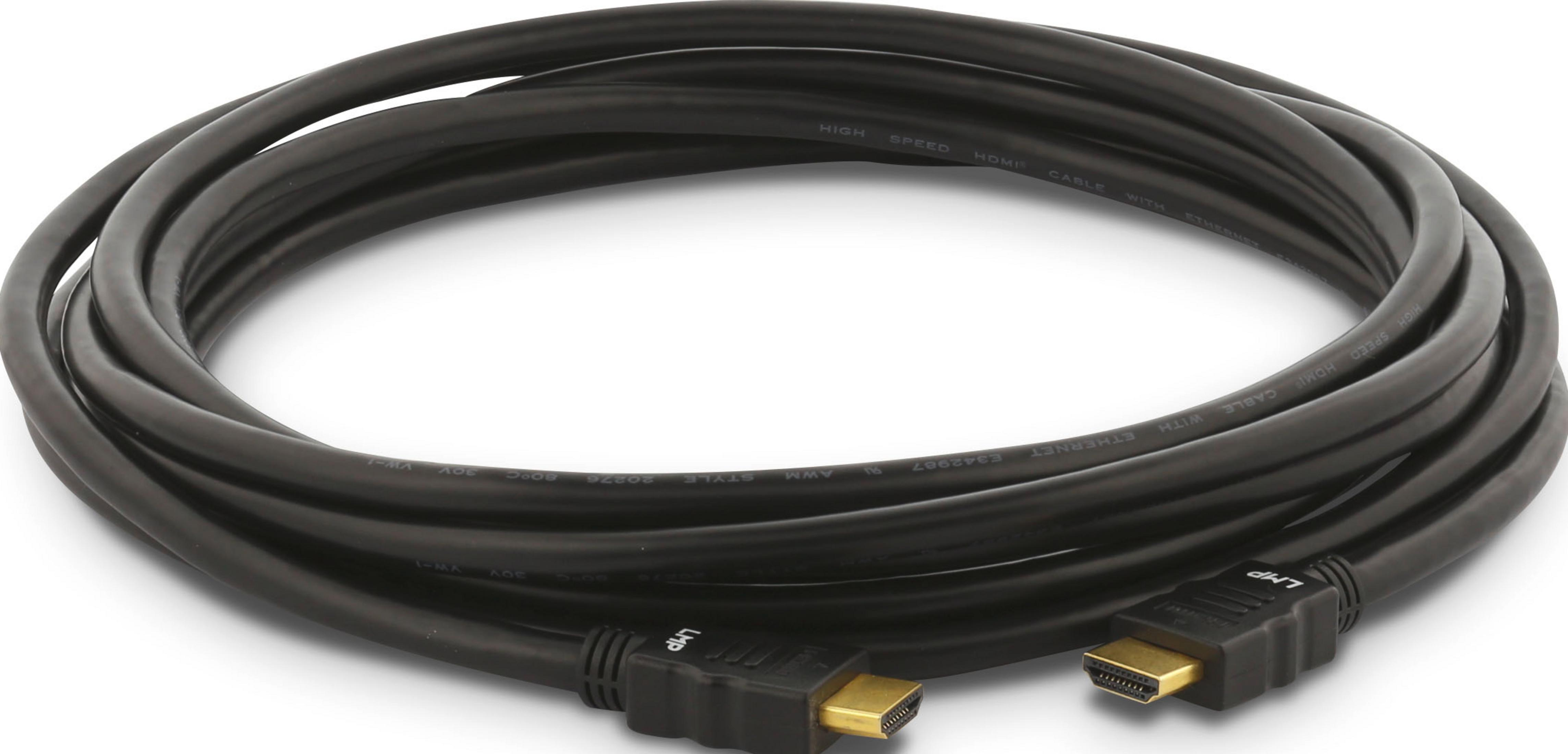 Schwarzes HDMI-Kabel mit vergoldeten Anschlüssen, aufgerollt.