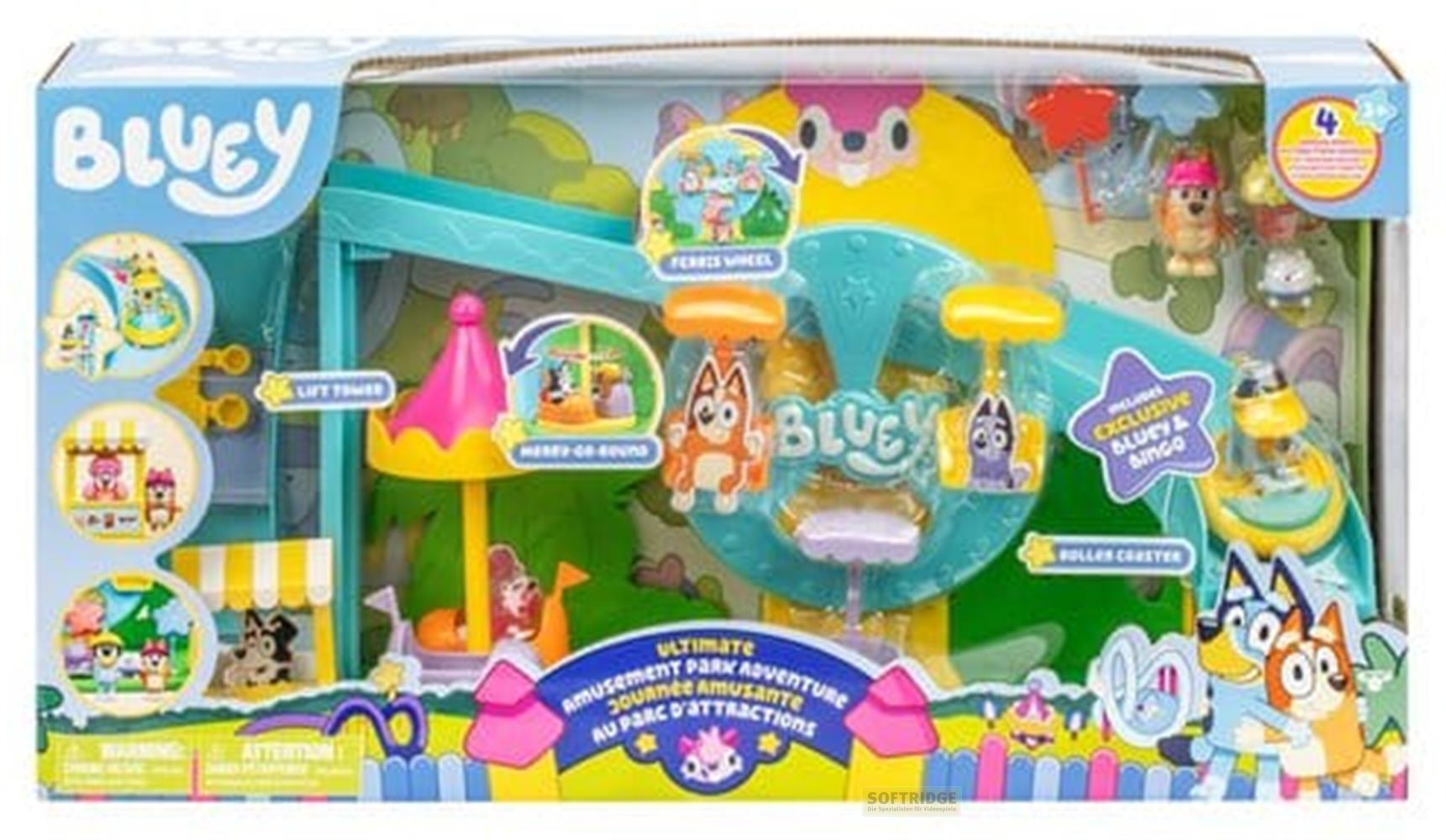 Bluey Freizeitpark Spielzeug mit Figuren, Karussell, Achterbahn und Riesenrad.