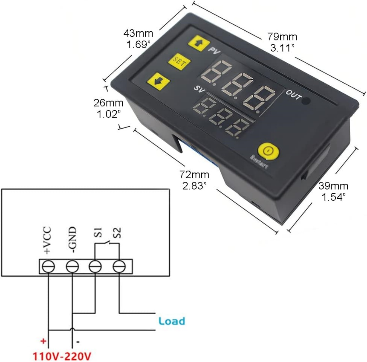 Digitaler Thermostat mit Anzeige und Anschlussplan. Maße: 79x43x39mm.