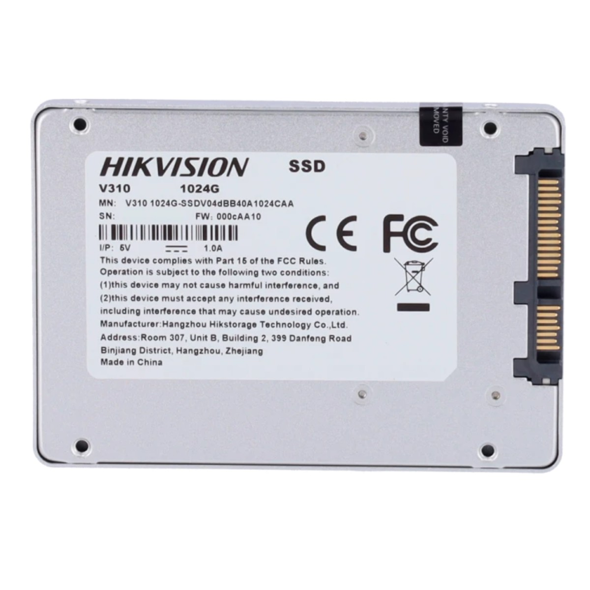 SSD Hikvision argentata, modello V310, 1024G, con certificazioni CE e FC.