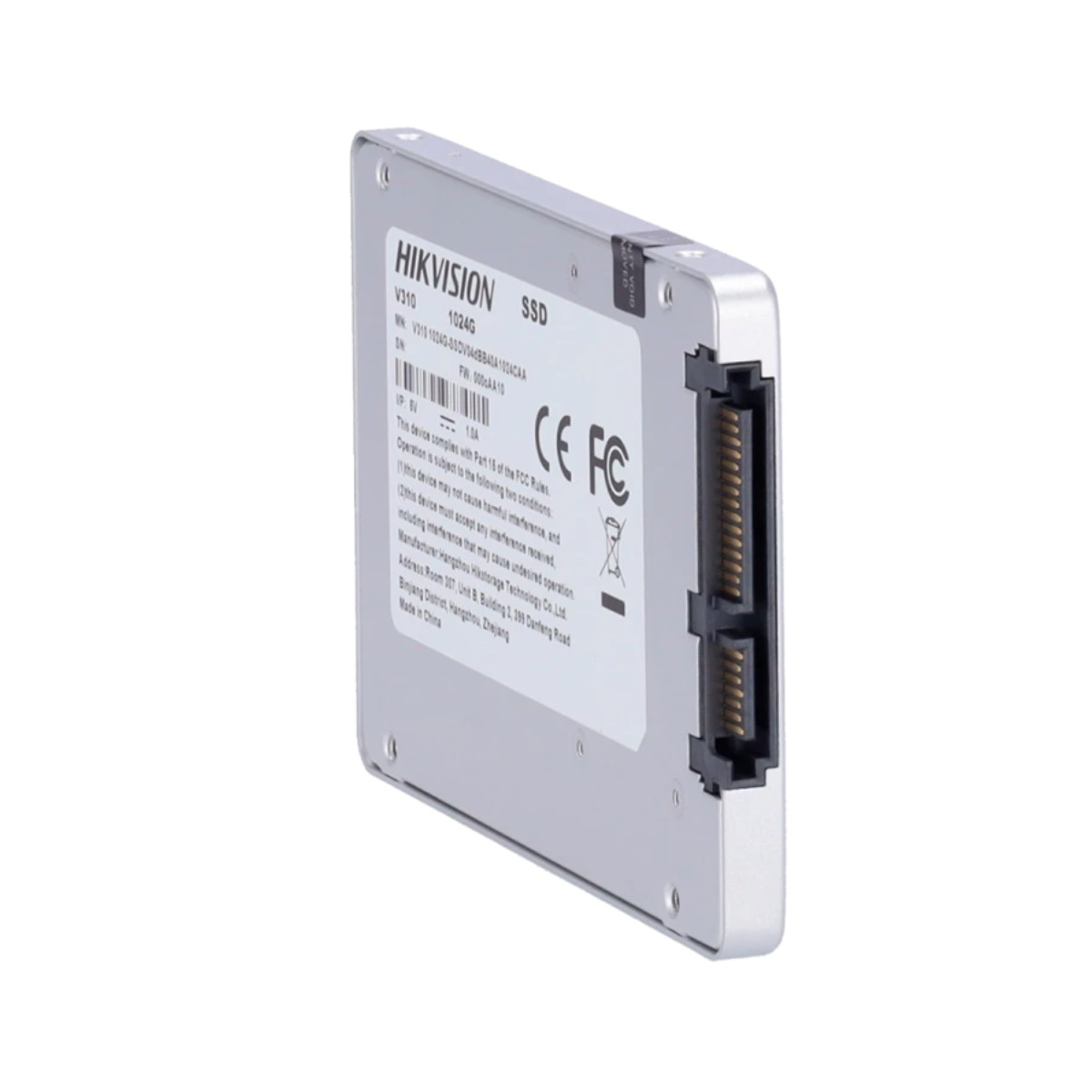 SSD Hikvision V310 1024G argento con connettori SATA e certificazione FCC.