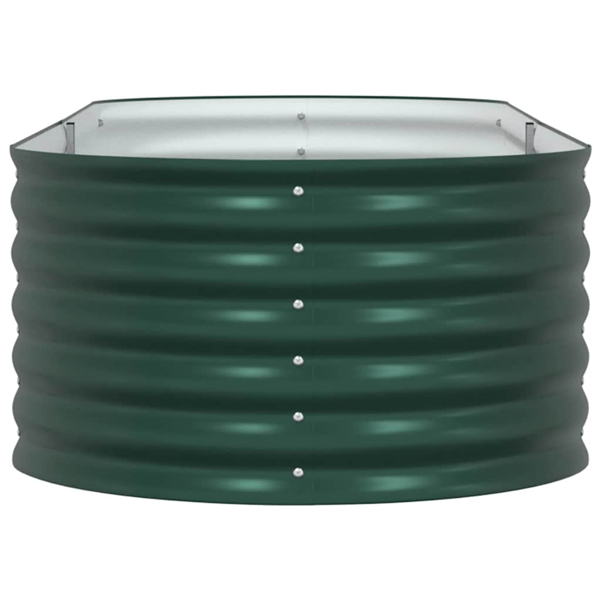 Un letto rialzato rettangolare in metallo verde scuro scanalato.