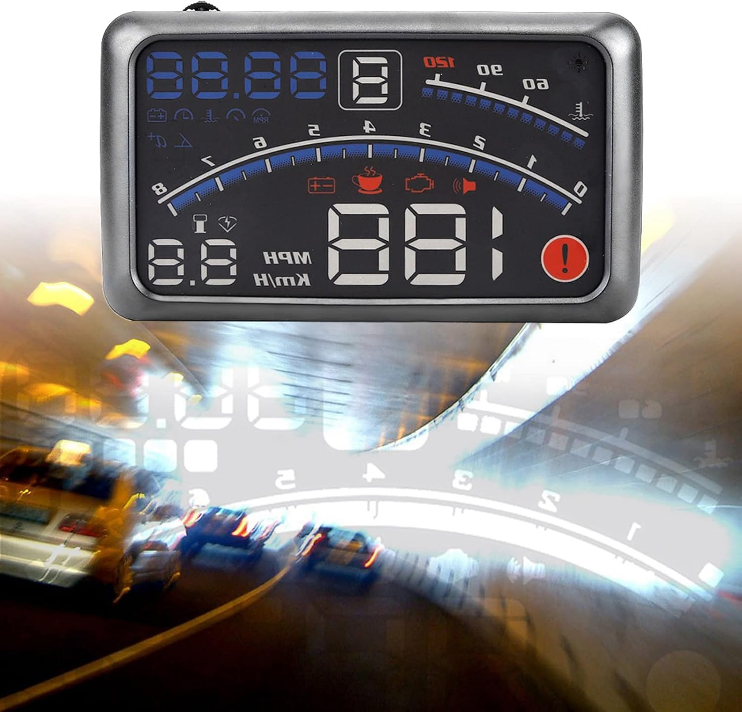 Digitales Auto-HUD zeigt Geschwindigkeit, Batterie und Motorwarnungen über unscharfem Verkehr.