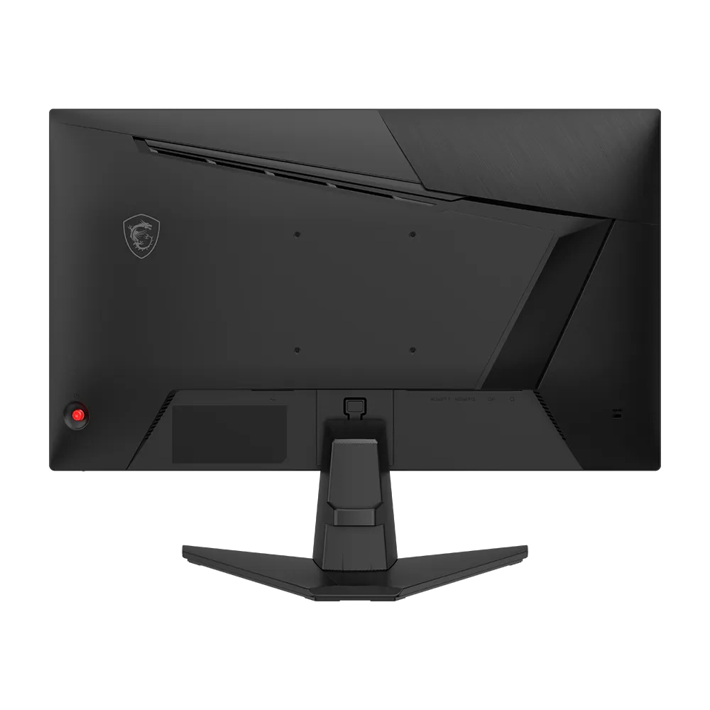 MSI logosu ve bağlantı noktalarına sahip siyah monitörün arkası.