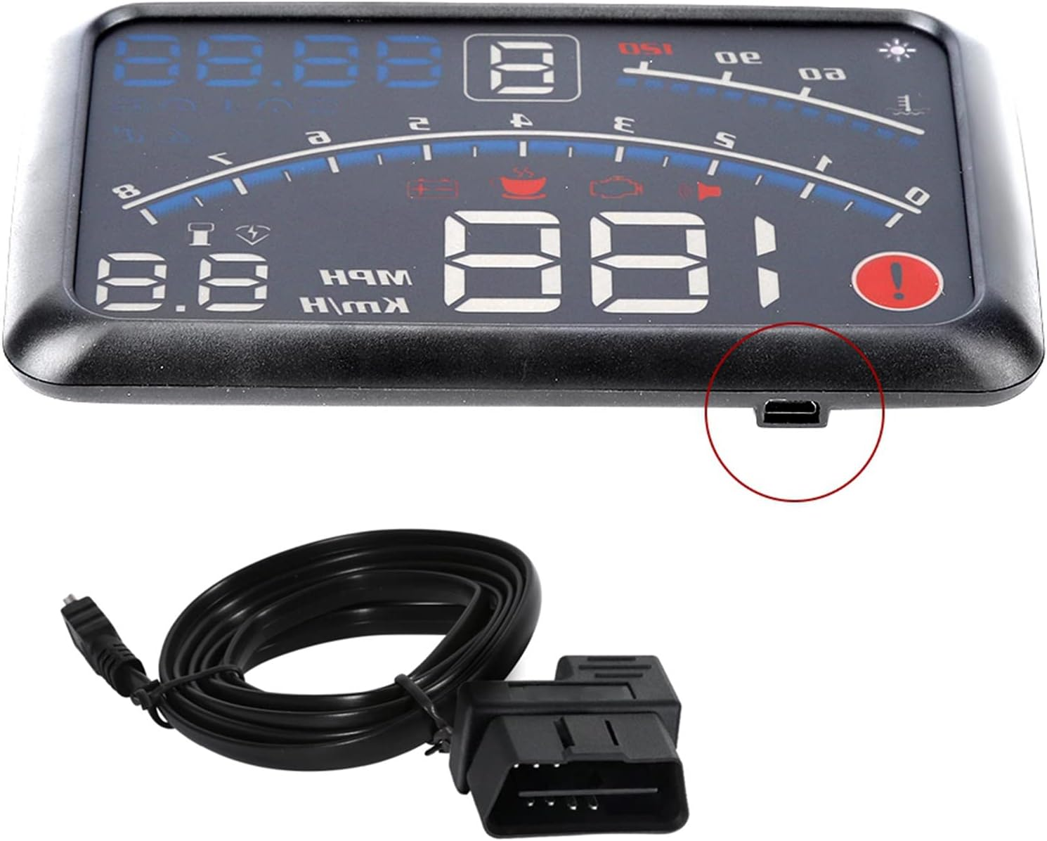 Digitales Armaturenbrett mit Kabel und OBD-Anschluss.