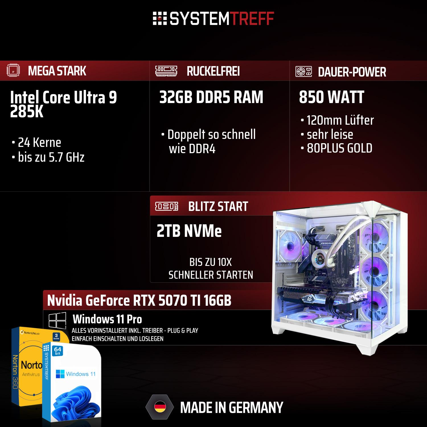 PC mit Intel Core Ultra 9, 32GB DDR5 RAM, 850W Netzteil, 2TB NVMe, RTX 5070 Ti, Win 11.