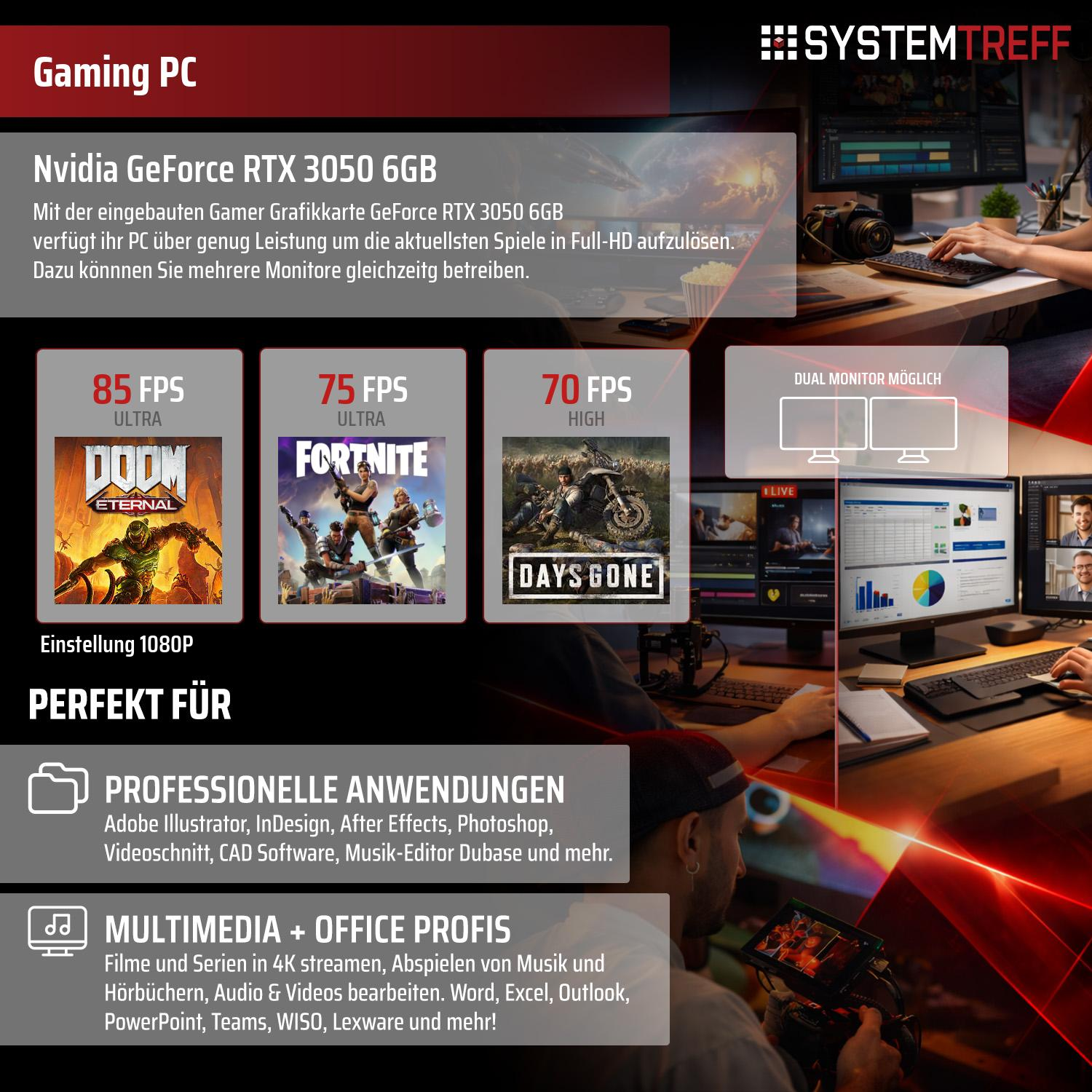 Gaming PC mit RTX 3050: Spiele in 1080p, Profi- & Multimedia-Anwendungen.
