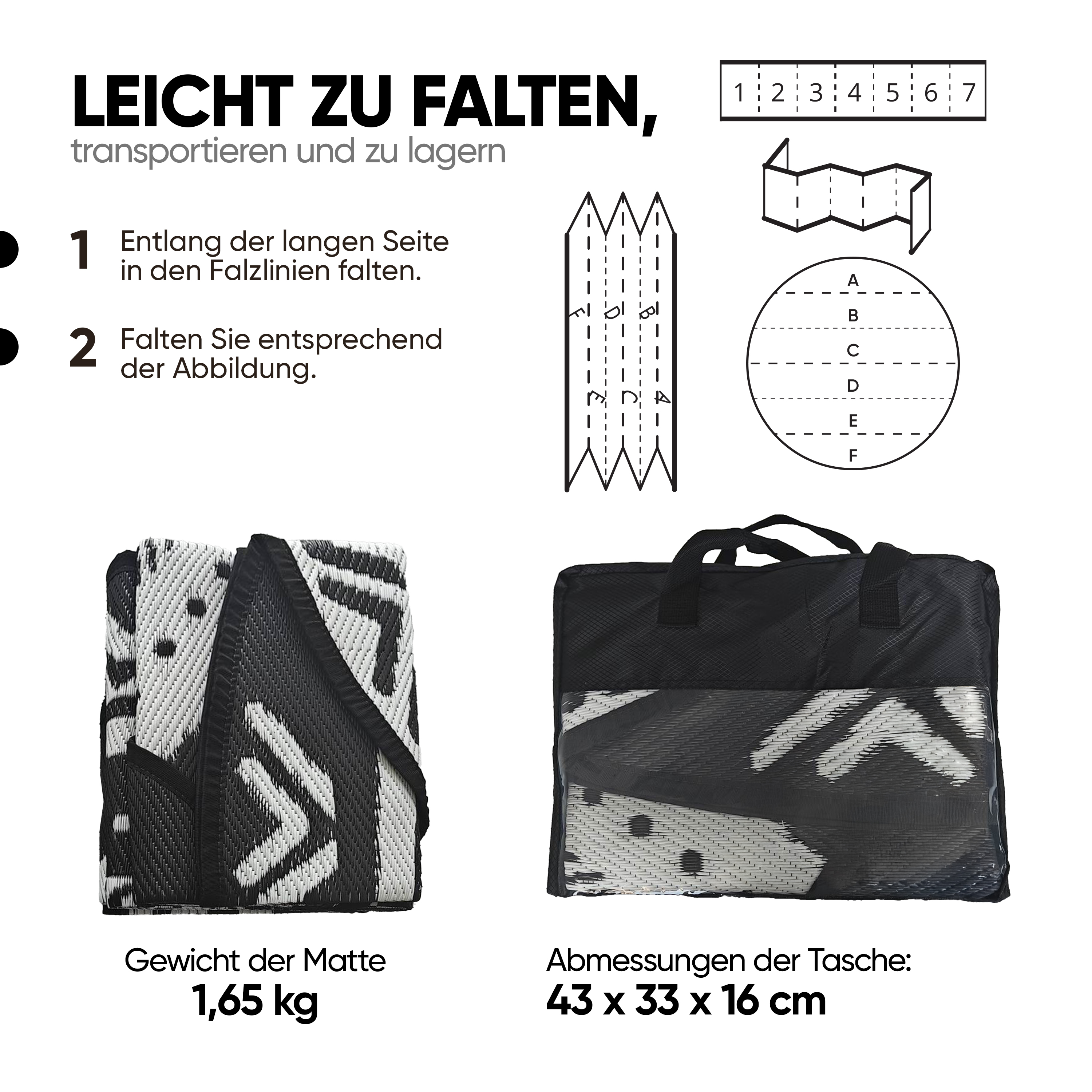 Eine zusammengefaltete Matte und eine Tasche mit Muster. Anleitung zum Falten.