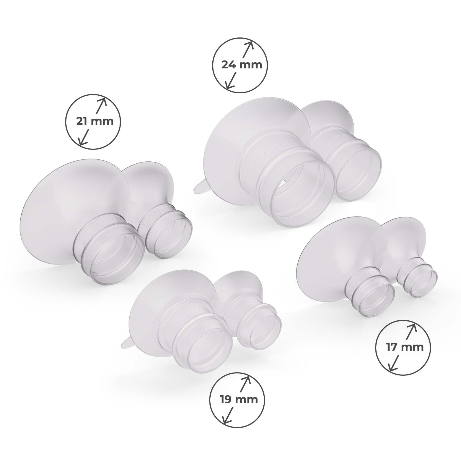 Vier durchsichtige Flanschgrößen: 17, 19, 21 und 24 mm.