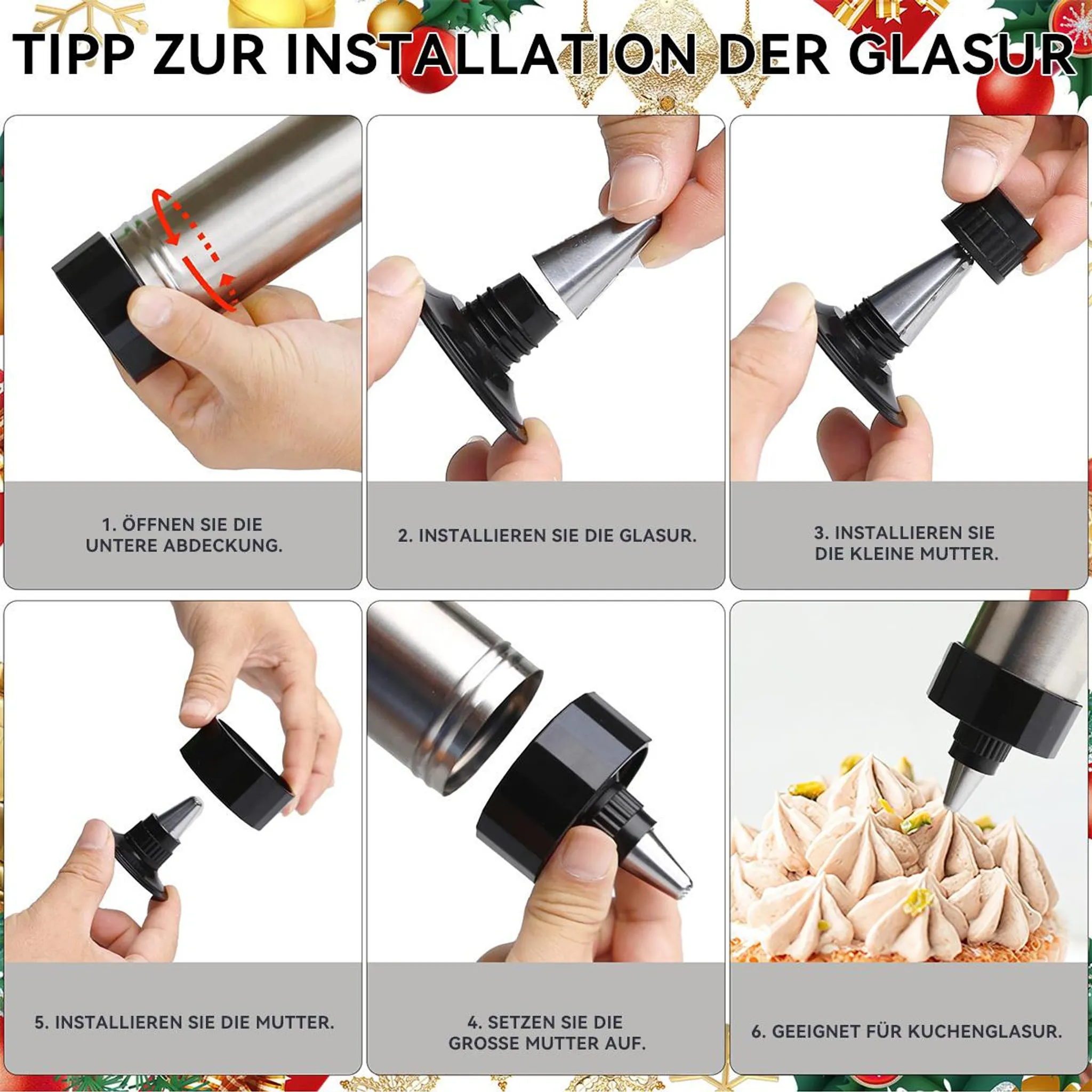 Anleitung zur Installation eines Spritzbeutels mit 6 Schritten, zeigt das Zusammenfügen.