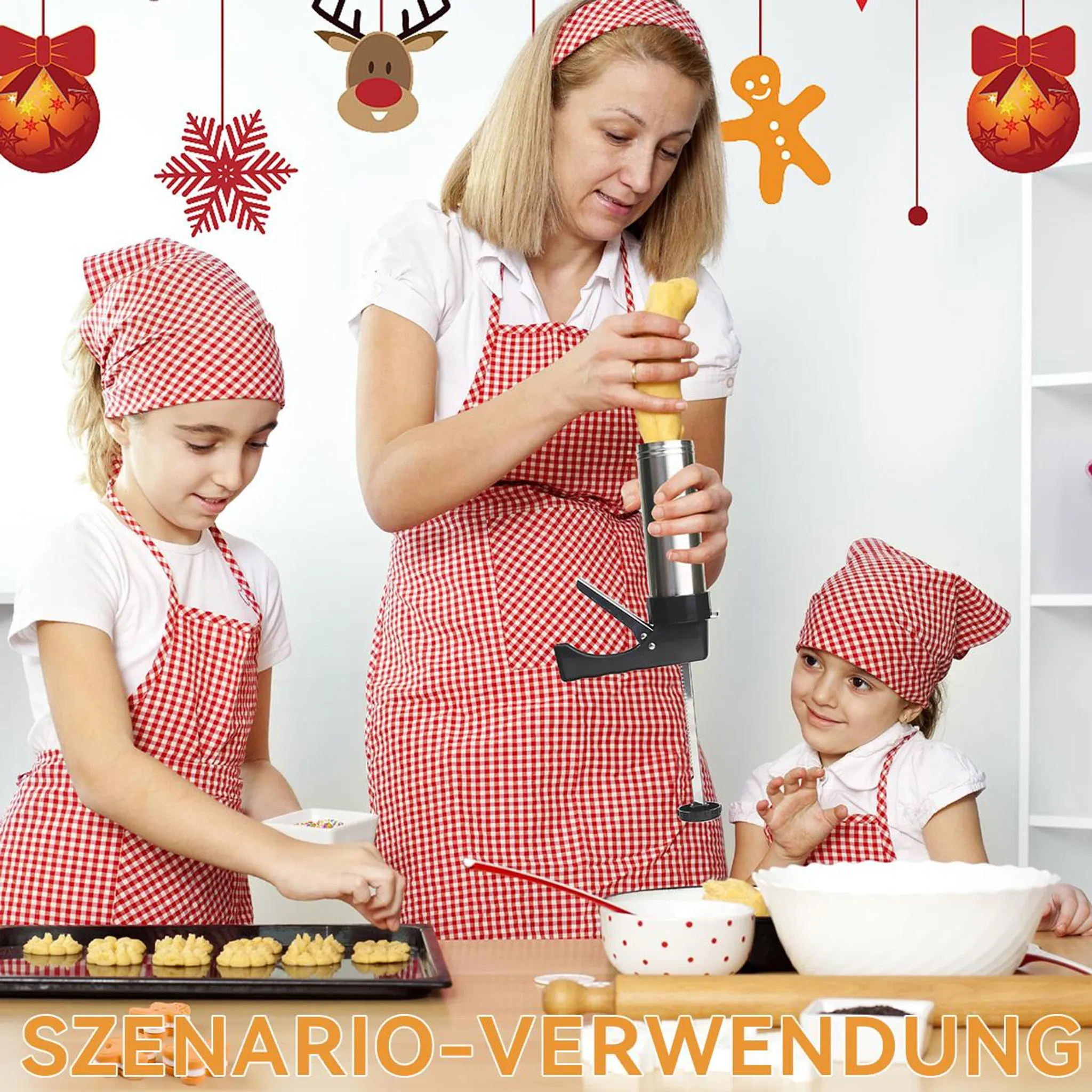 Eine Frau und zwei Mädchen backen Plätzchen mit einem Ausstecher.