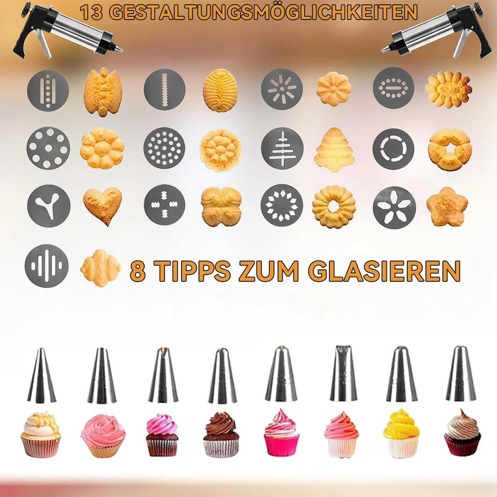Gebäckpresse mit verschiedenen Aufsätzen und verzierten Cupcakes.