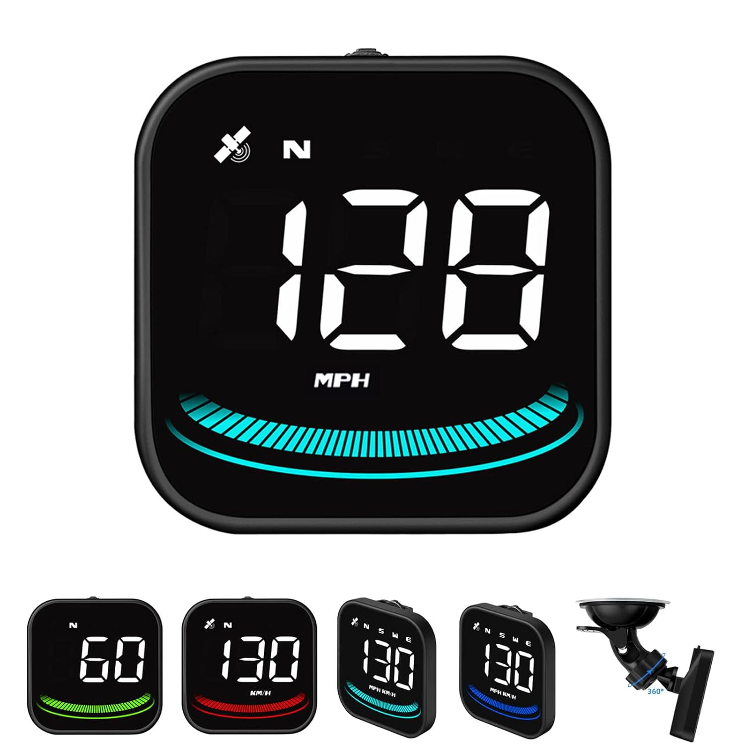 Digitales Display zeigt 128 MPH, mit kleineren Displays und Halterung.
