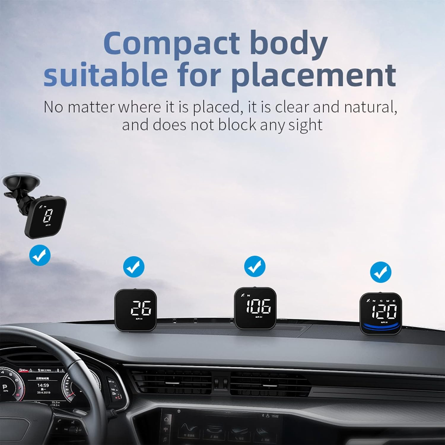 Autoinnenraum mit digitalen Displays auf dem Armaturenbrett und Himmel im Hintergrund.