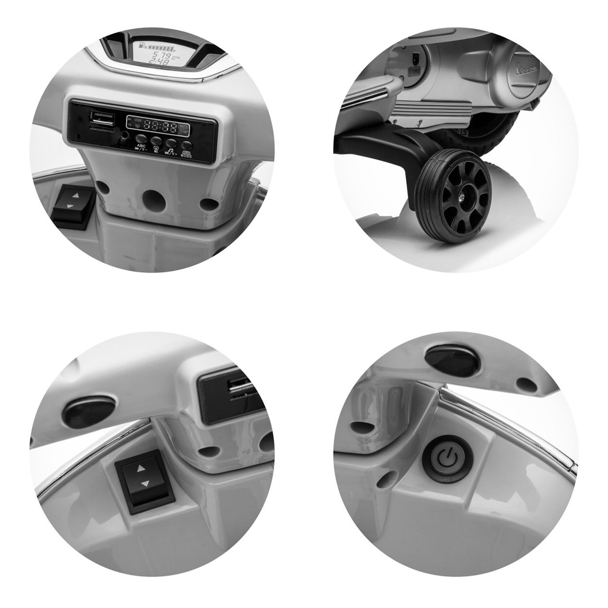 Details einer Spielzeug-Vespa: Armaturenbrett, Rad, Schalter und Power-Knopf.