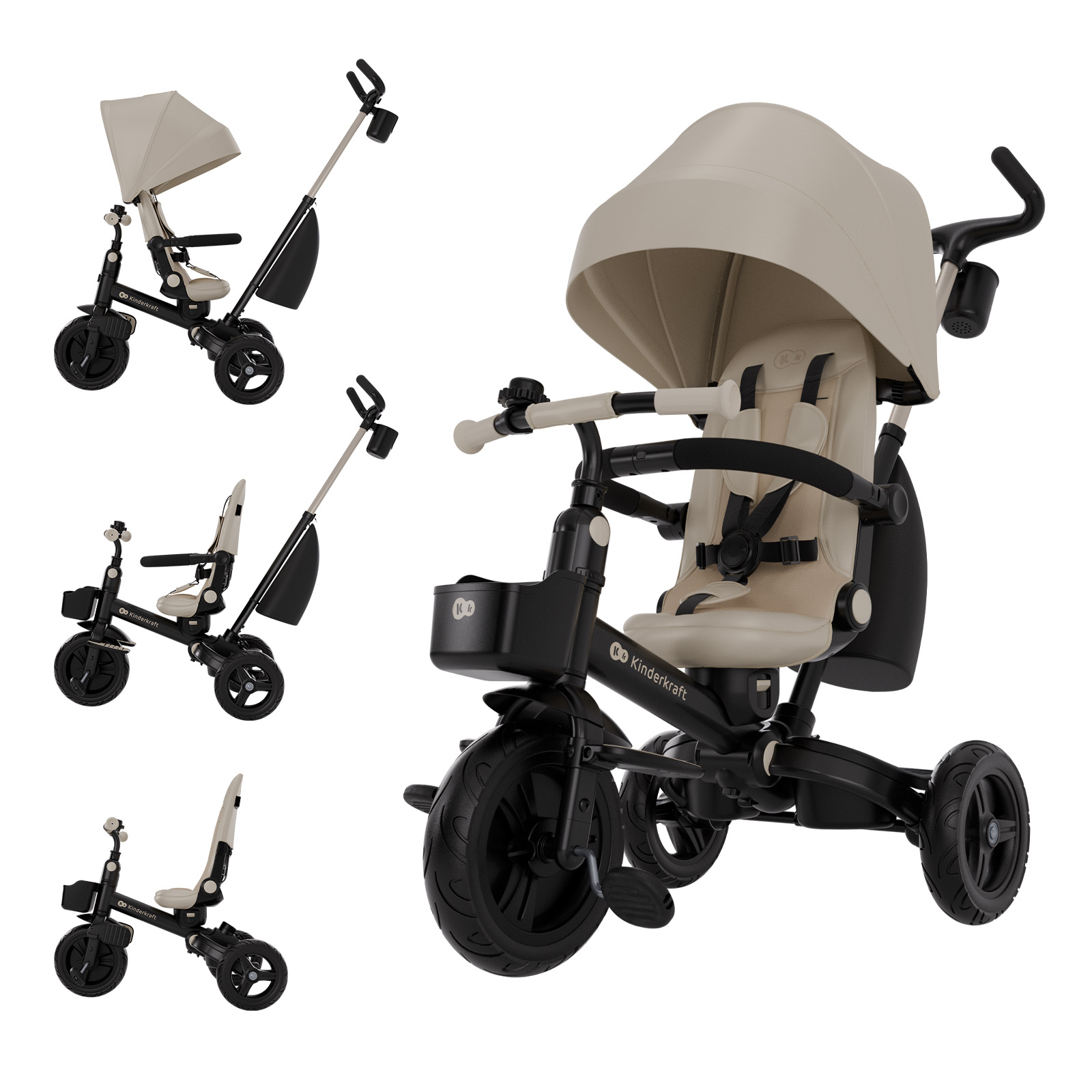 Ein beiger Dreirad-Kinderwagen mit schwarzem Rahmen und Verdeck.