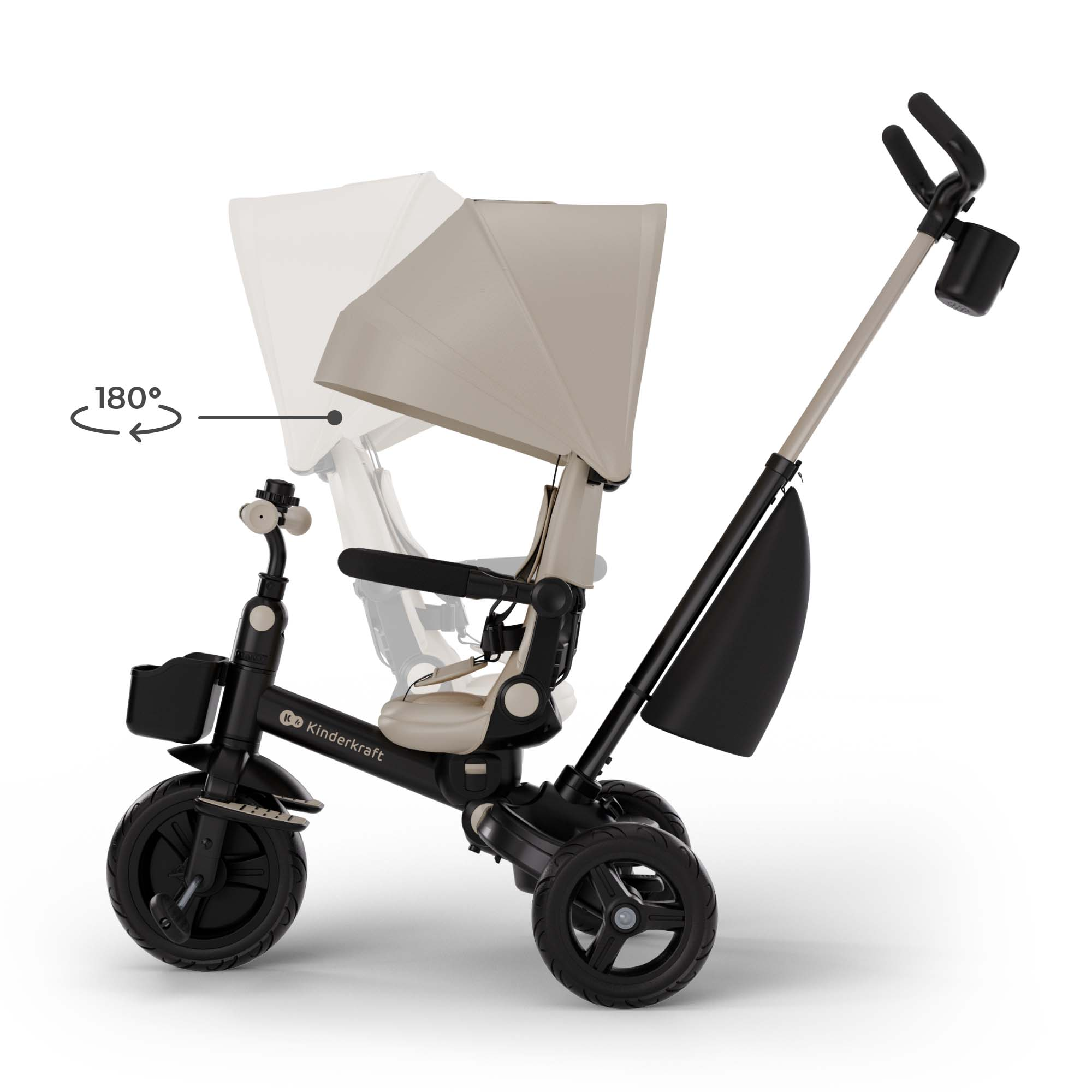 Schwarzer und beiger Kinderkraft-Dreirad mit Verdeck, verstellbarem Griff und Tasche.
