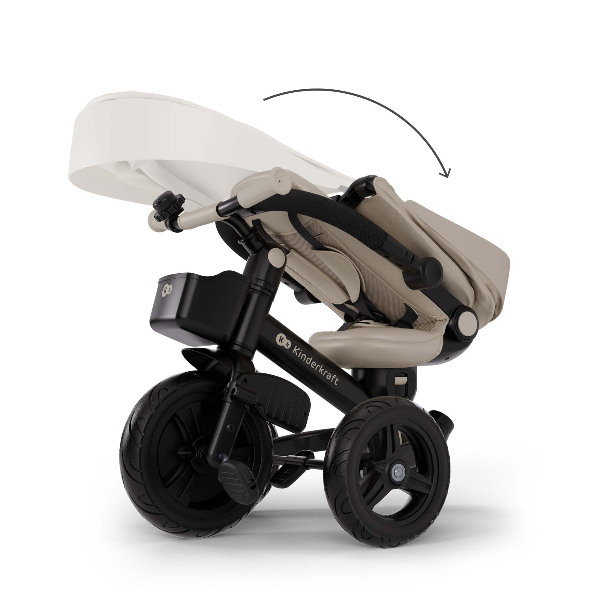 Ein beiger Kinderwagen-Dreirad mit schwarzem Rahmen, zusammengeklappt.