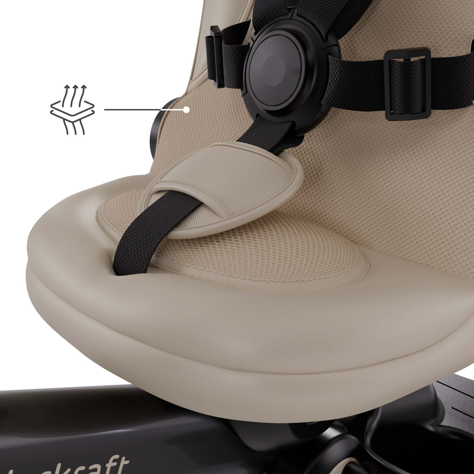 Beiger Kindersitz mit schwarzen Gurten und einem Belüftungssymbol.