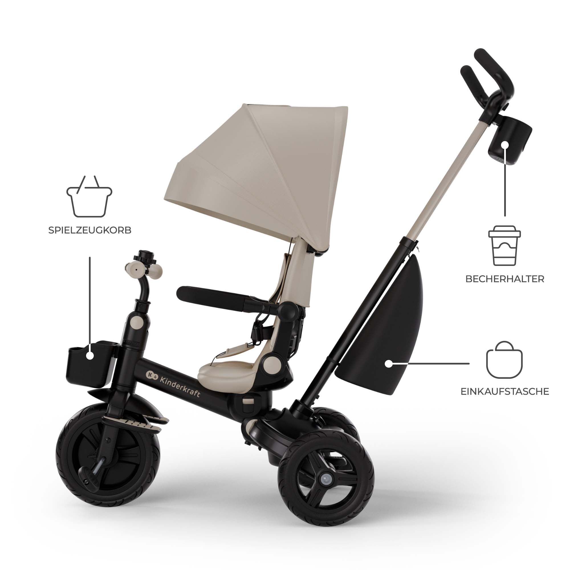 Ein schwarzer Dreirad-Kinderwagen mit beigefarbenem Verdeck und Sitz.