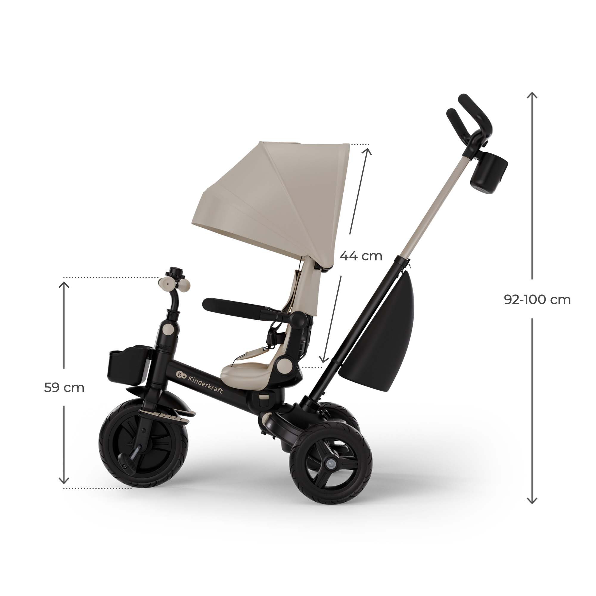 Ein beiger Kinderdreirad mit Verdeck, Schubstange und Aufbewahrungstasche.