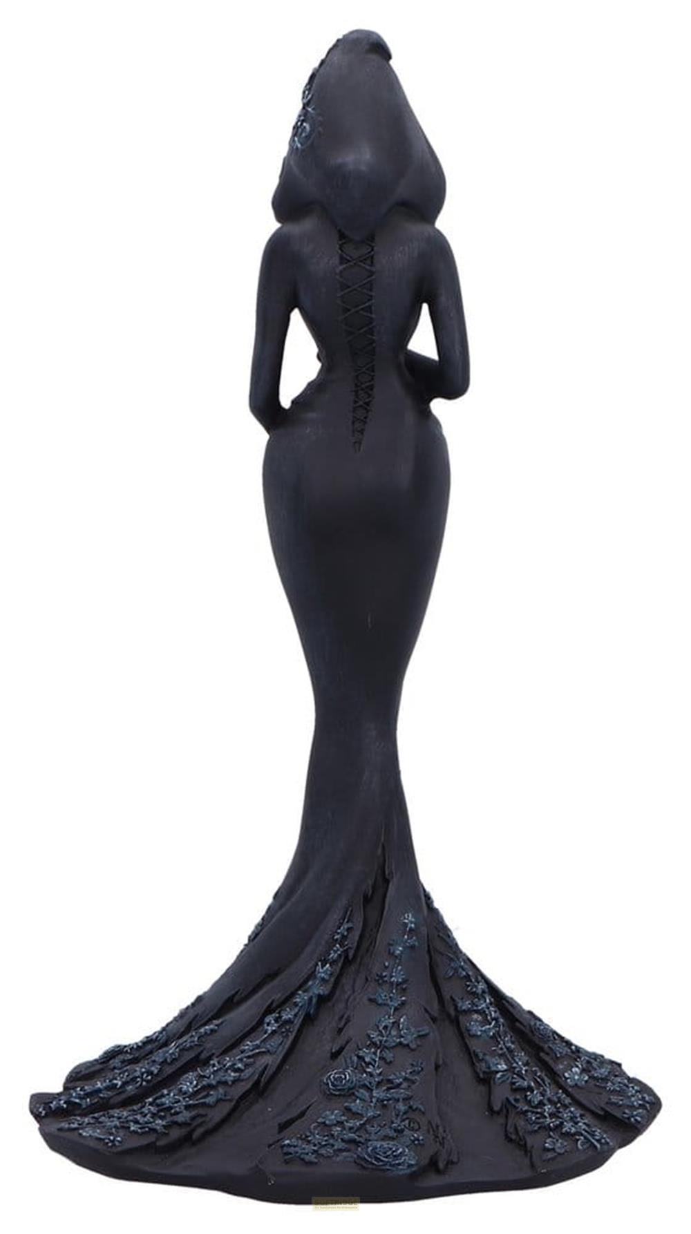 Dunkle Statue einer Frau mit Kapuze und Kleid mit Schnürung und Blumenmuster.