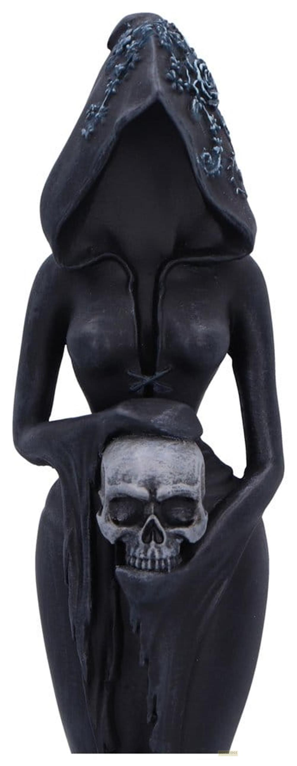 Eine schwarze Figur mit Kapuze hält einen Totenschädel.