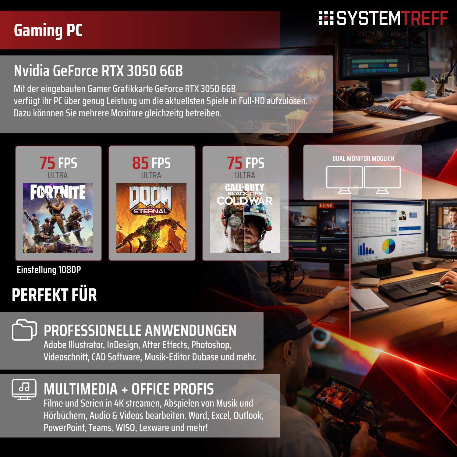 Gaming PC mit RTX 3050 6GB, Spiel-FPS, professionelle Anwendungen & Multimedia.