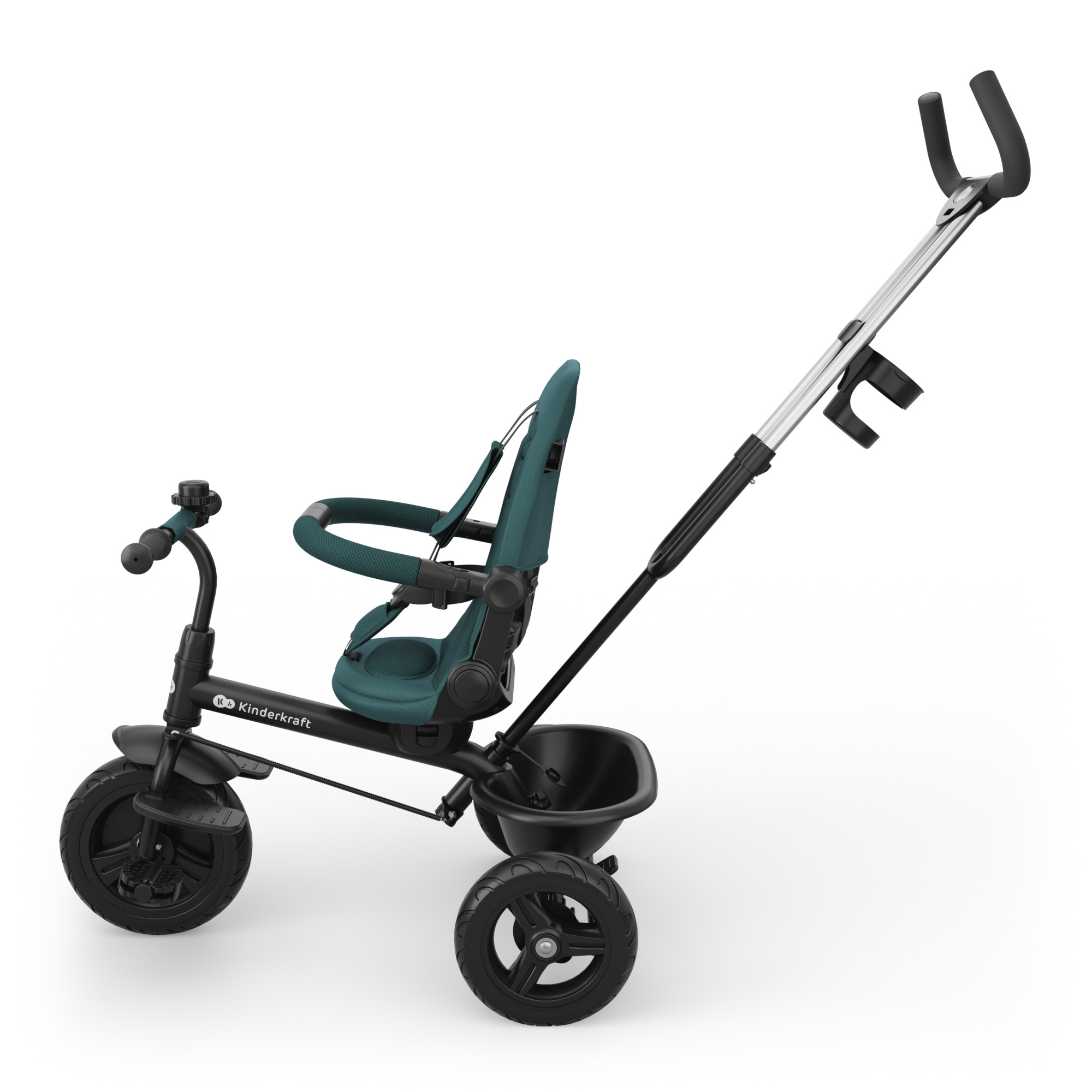 Ein türkisfarbener Dreirad-Kinderwagen mit Schiebestange und Korb.