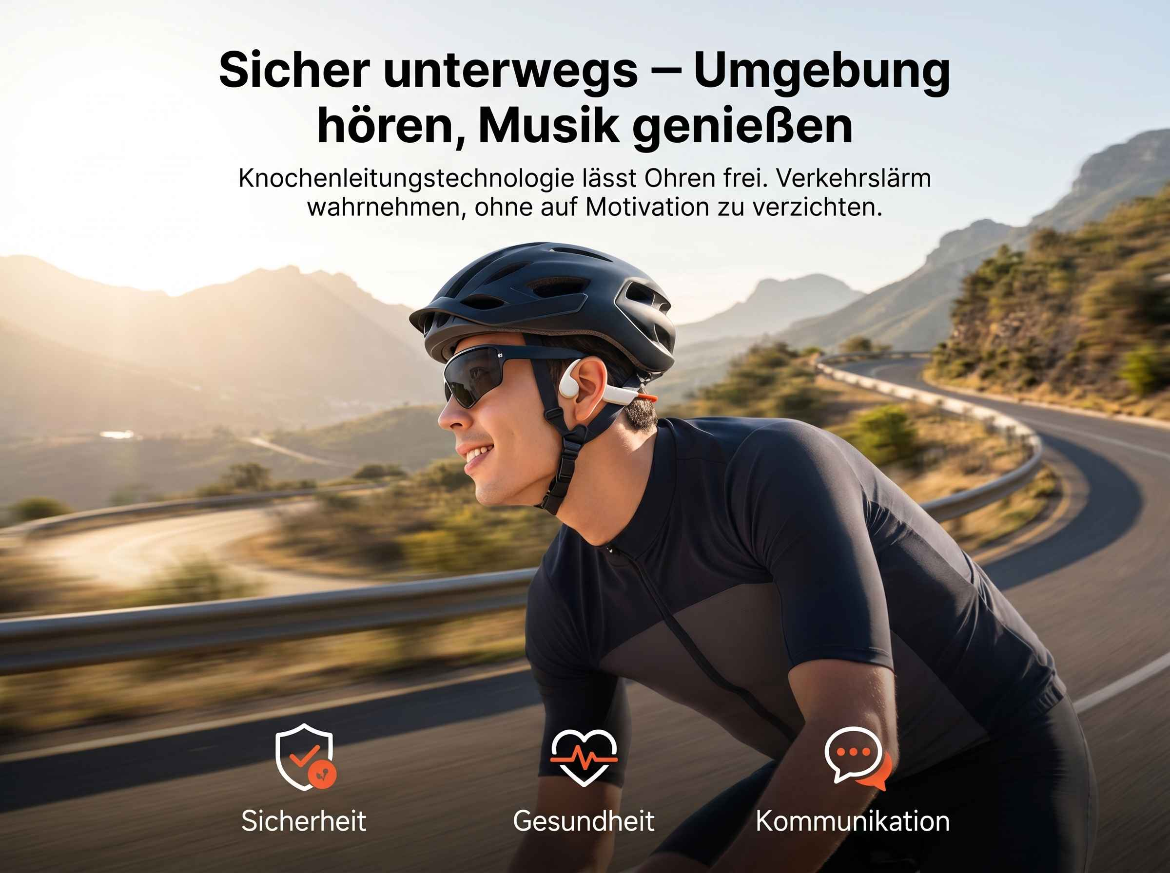Radfahrer mit Kopfhörern auf einer kurvigen Straße in den Bergen.