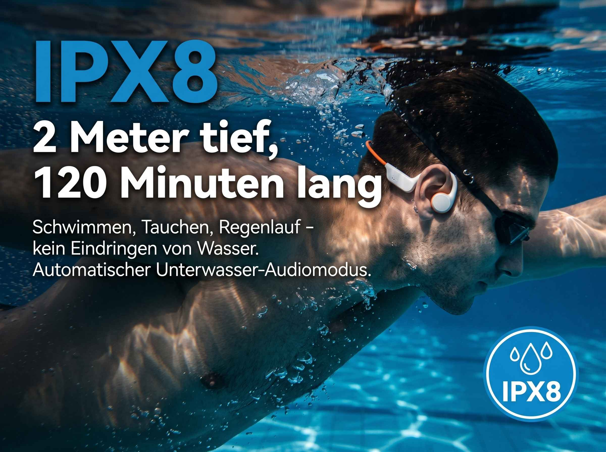 Mann schwimmt unter Wasser mit Kopfhörern. IPX8 bewertet.