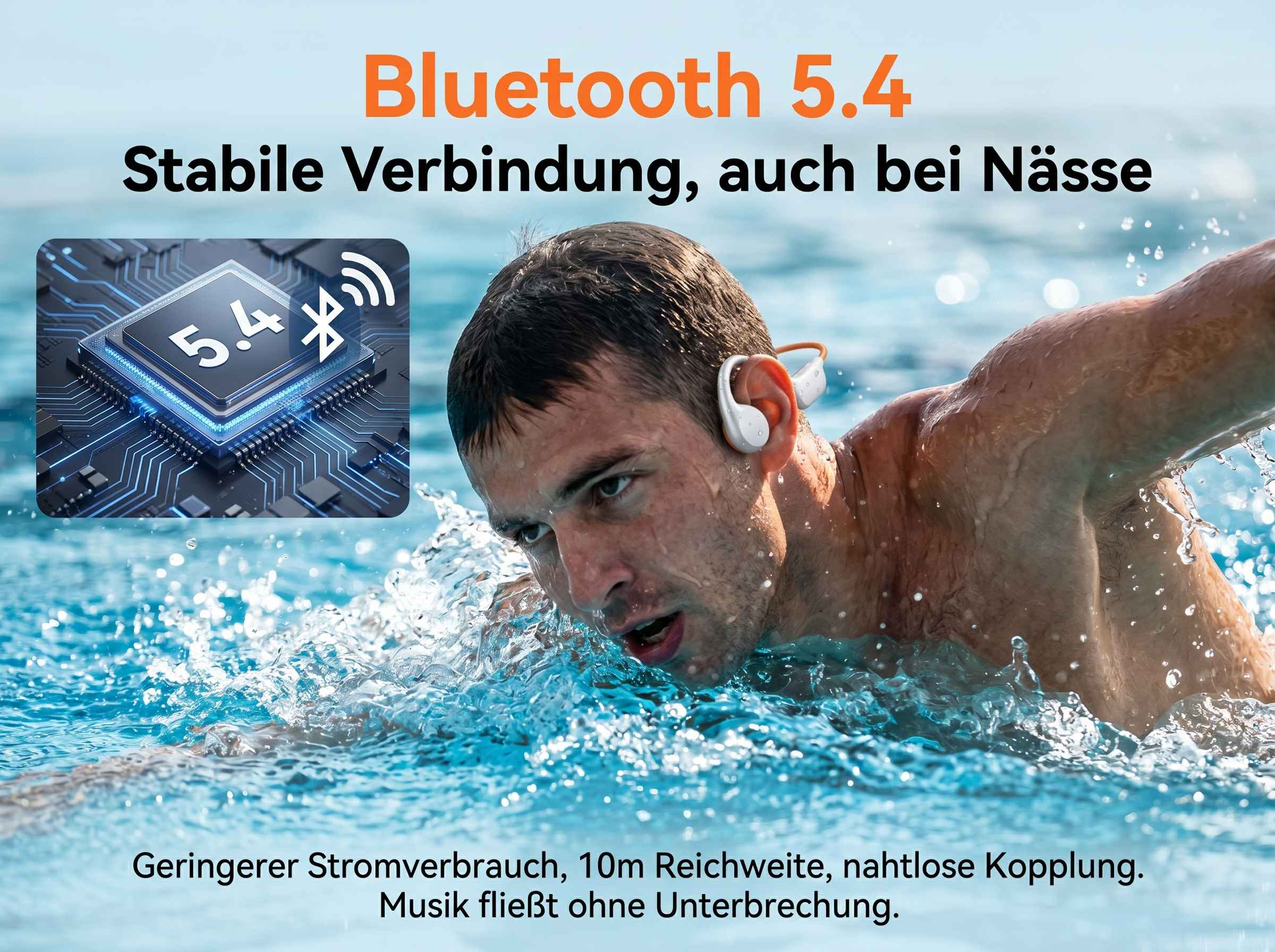 Mann schwimmt mit Bluetooth 5.4 Kopfhörern, auch bei Nässe.