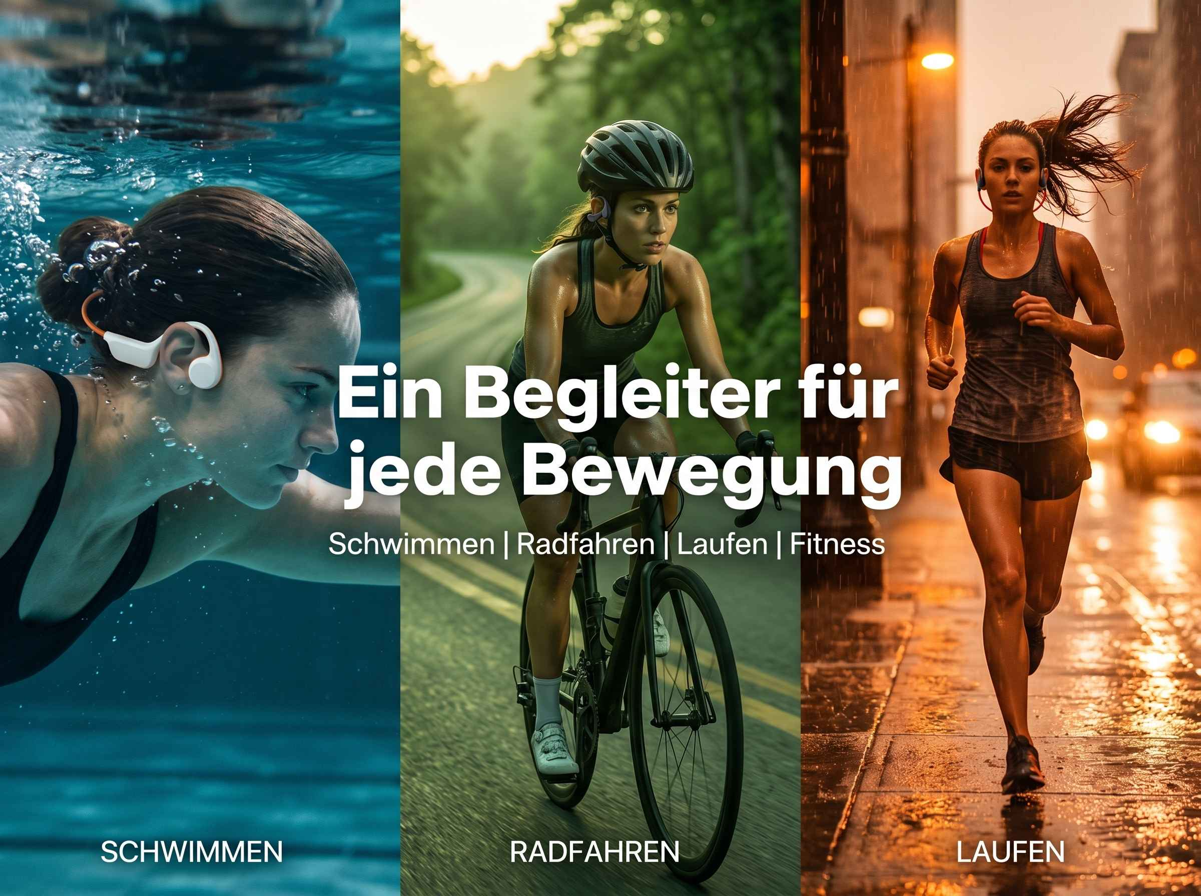 Frau beim Schwimmen, Radfahren und Laufen mit Kopfhörern.