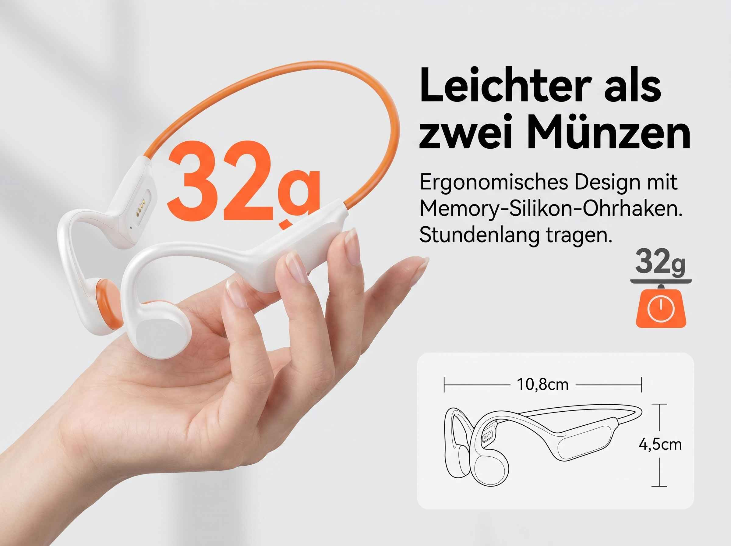 Leichte weiße Kopfhörer mit orangem Bügel, 32g Gewicht.