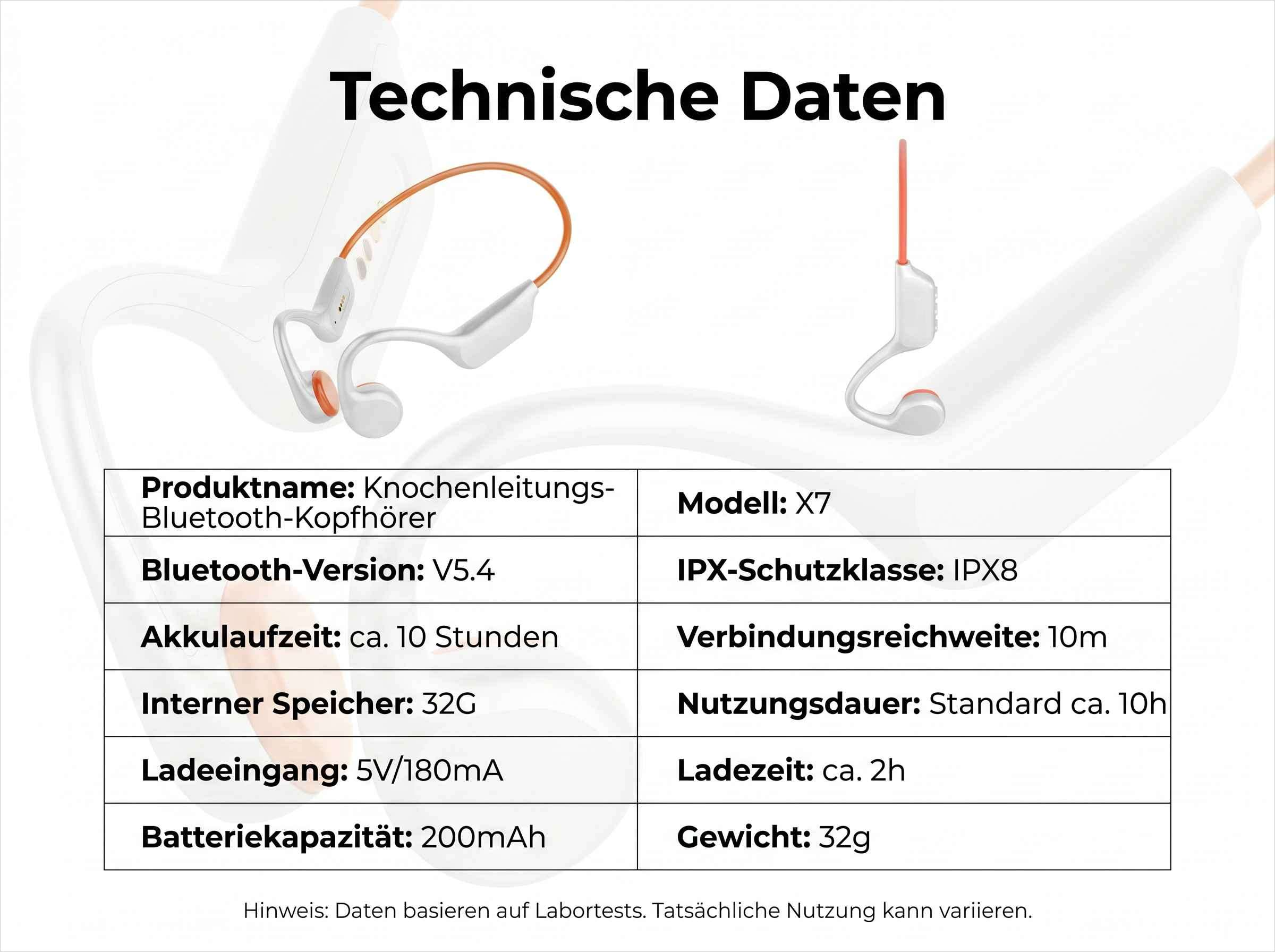 Technische Daten für Knochenleitungskopfhörer Modell X7: Bluetooth V5.4, IPX8, 10m Reichweite.