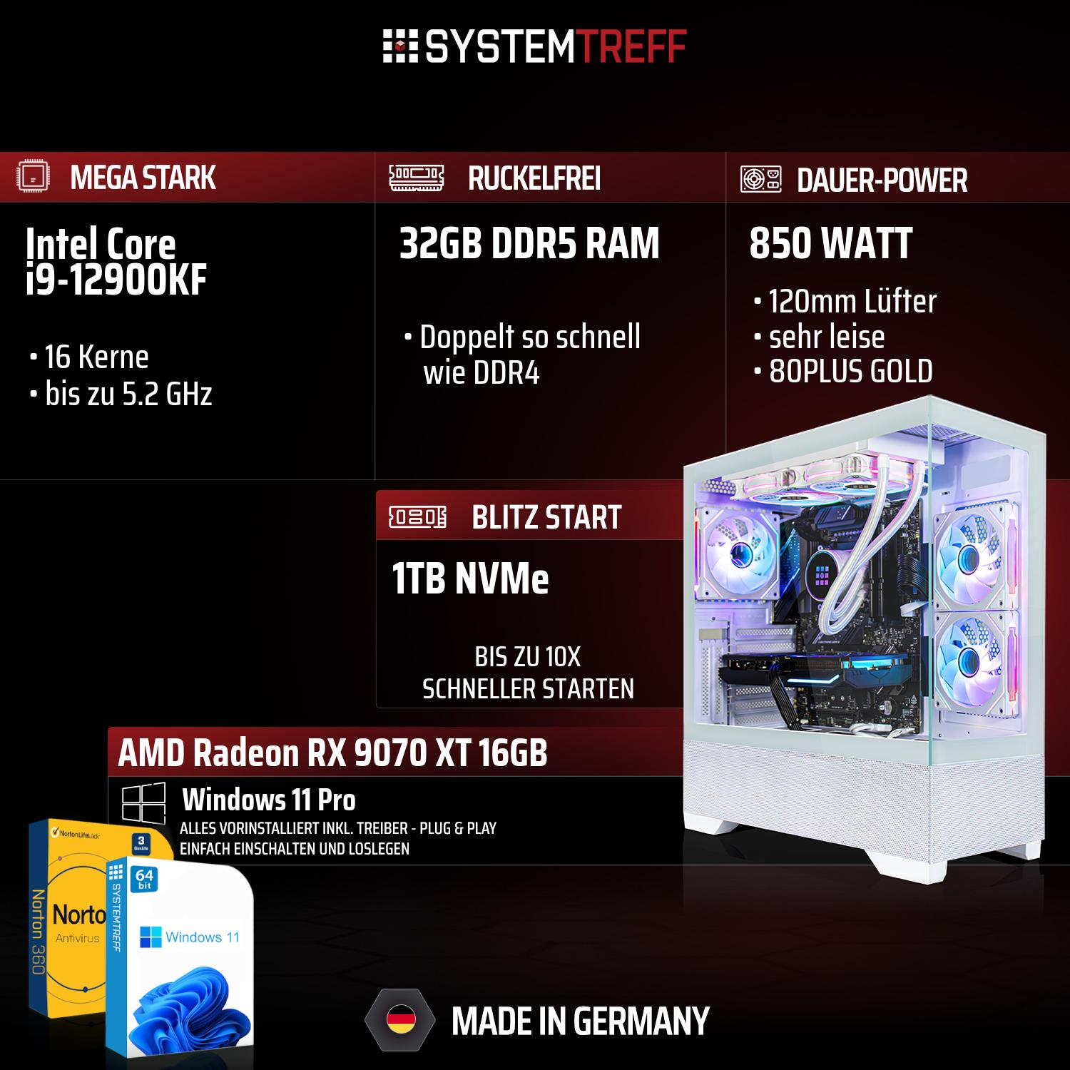 Ein Gaming-PC mit Intel Core i9, 32GB RAM, 1TB NVMe SSD und AMD Radeon RX 9070 XT.