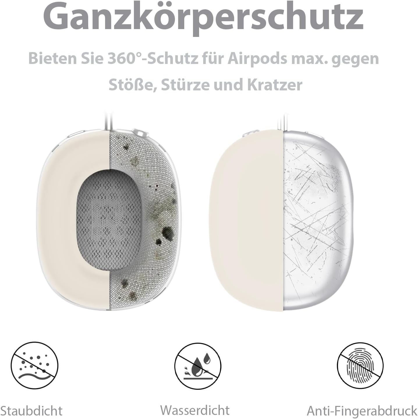 Schutzhülle zeigt Staub, Wasser und Fingerabdrücke, schützt Airpods max.