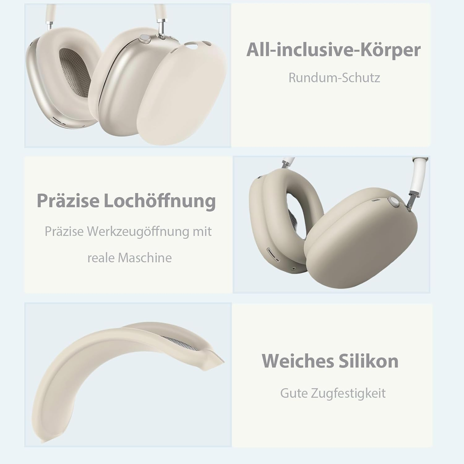 Beige Kopfhörer mit Schutzhülle und Text: All-inclusive-Körper.
