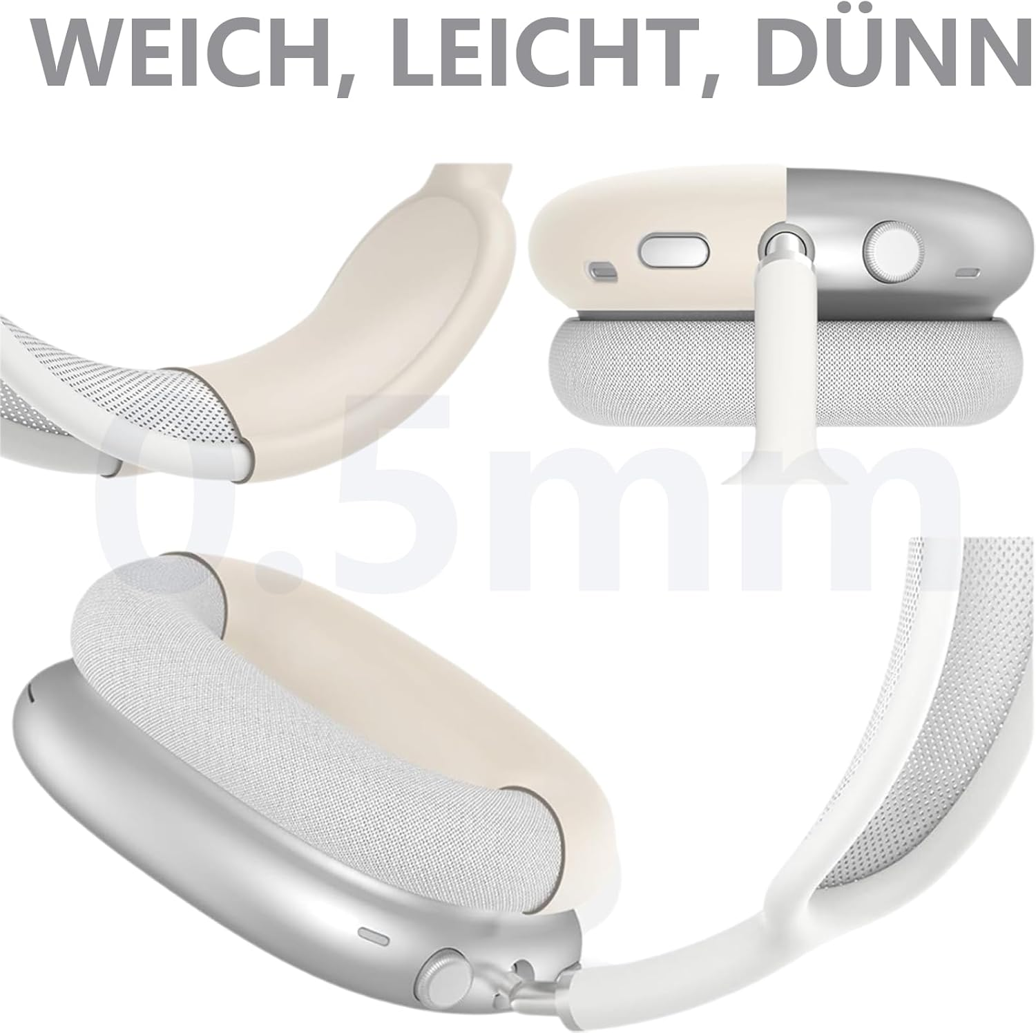 Detailaufnahme von weißen und silbernen Kopfhörern mit Stoffpolsterung.