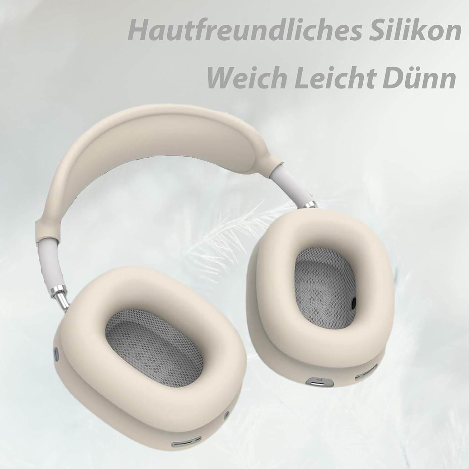 Beige Kopfhörer mit weichem Bügel und Ohrpolstern auf leichtem Hintergrund.