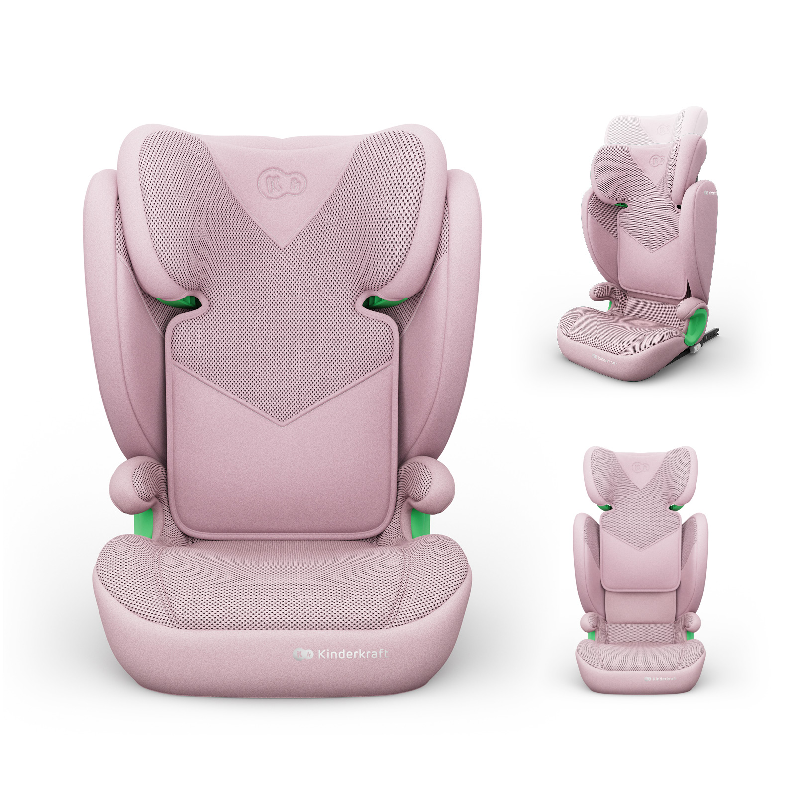 Ein rosa Kindersitz mit Kopfstütze und Seitenschutz.