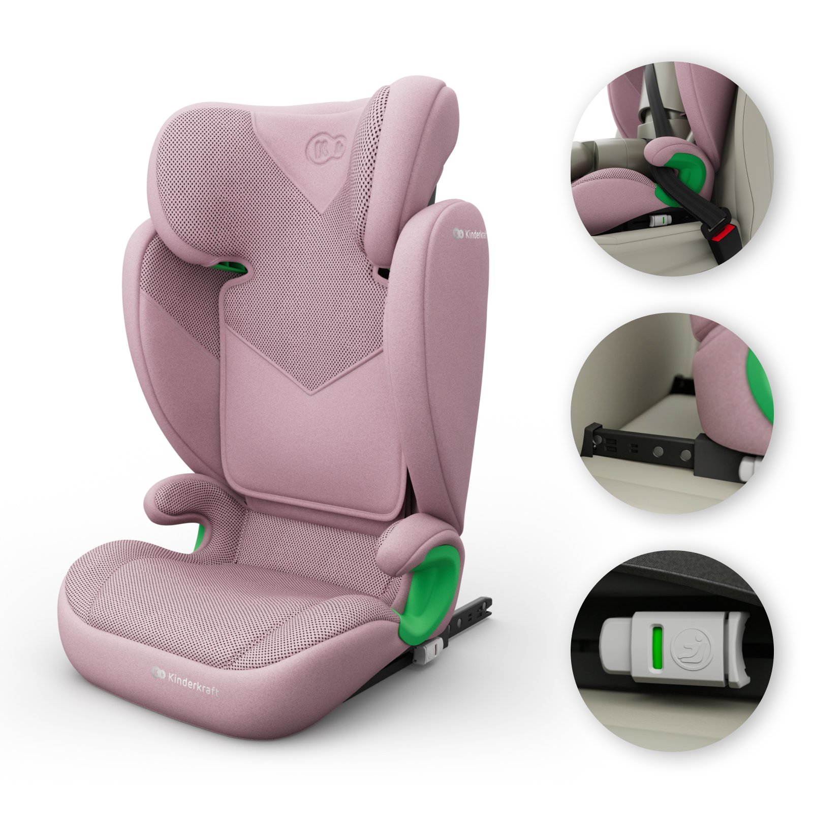 Ein rosafarbener Kindersitz mit grünen Akzenten, Seitenansicht. Detailaufnahmen zeigen Gurtschloss und ISOFIX-Verankerung.