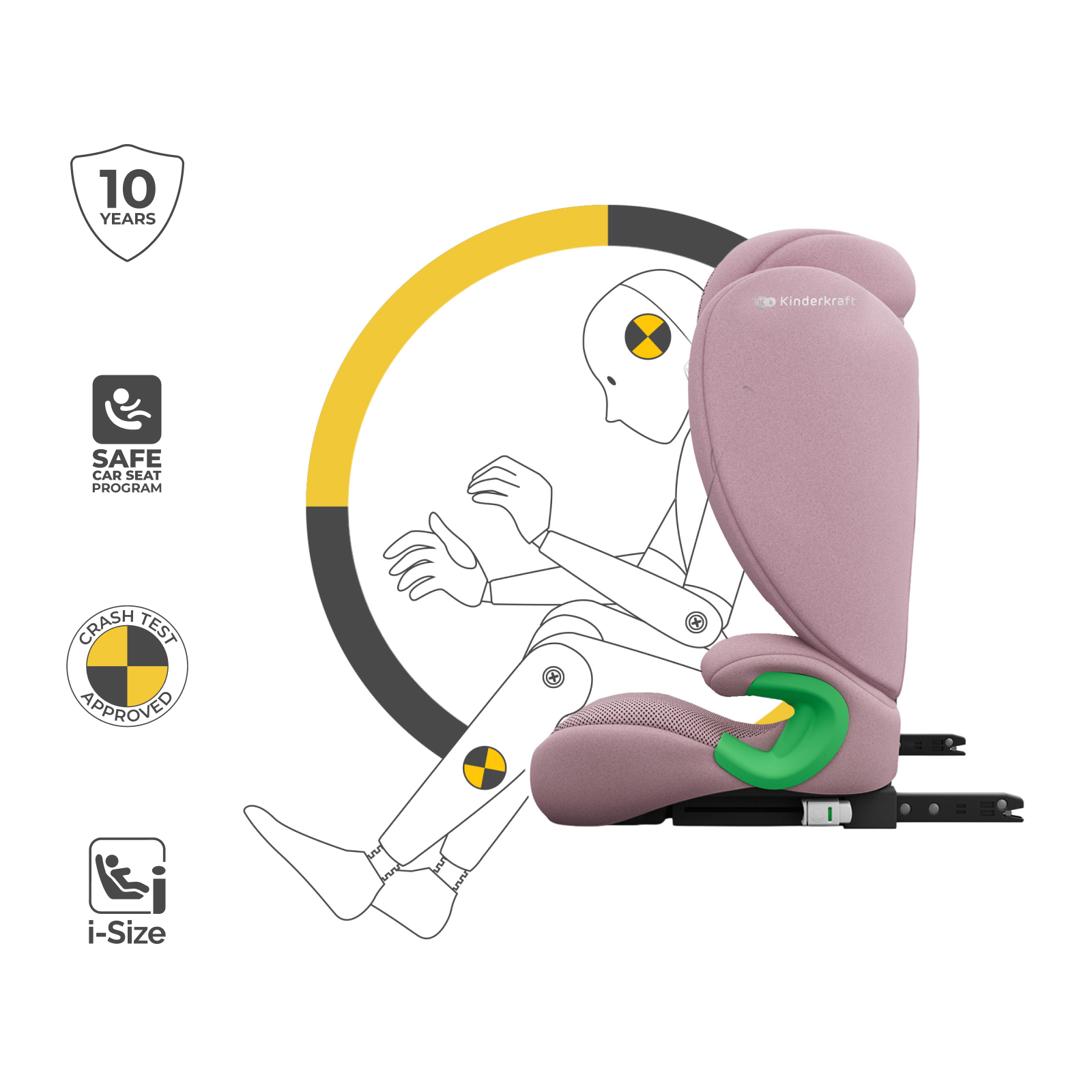 Ein rosafarbener Kindersitz mit Crash-Test-Symbolen und einer stilisierter Puppe.