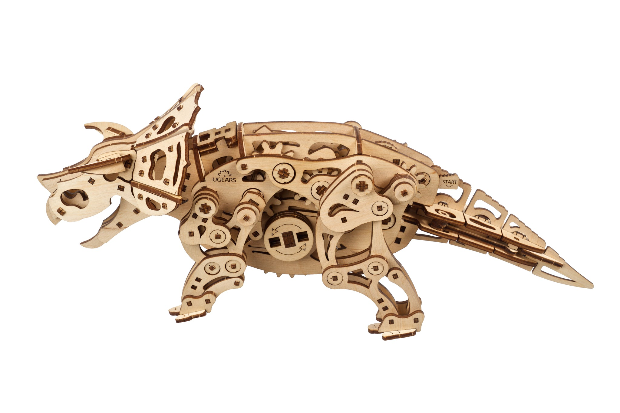Ein hölzernes mechanisches Triceratops-Modell mit sichtbaren Zahnrädern und Gelenken.