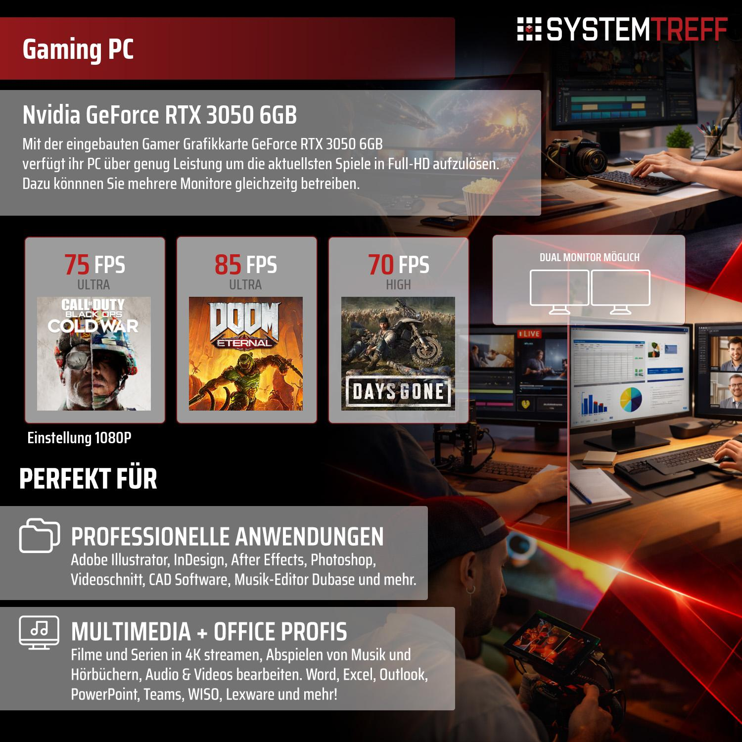 Gaming PC mit Nvidia RTX 3050 6GB: 75-85 FPS bei 1080p. Ideal für Profis & Multimedia.