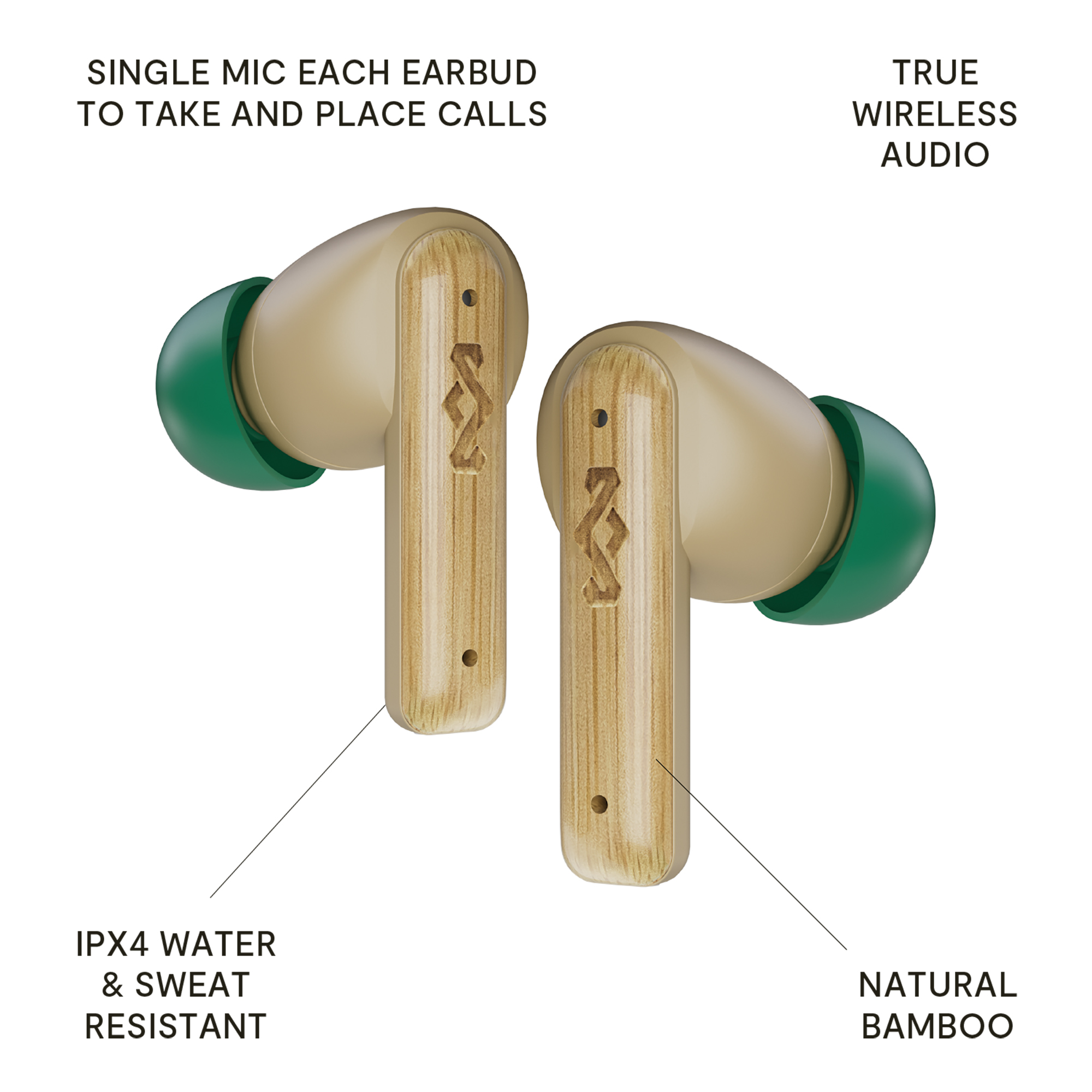 Zwei beige True-Wireless-Ohrhörer mit grünen Spitzen und Bambusdetails.