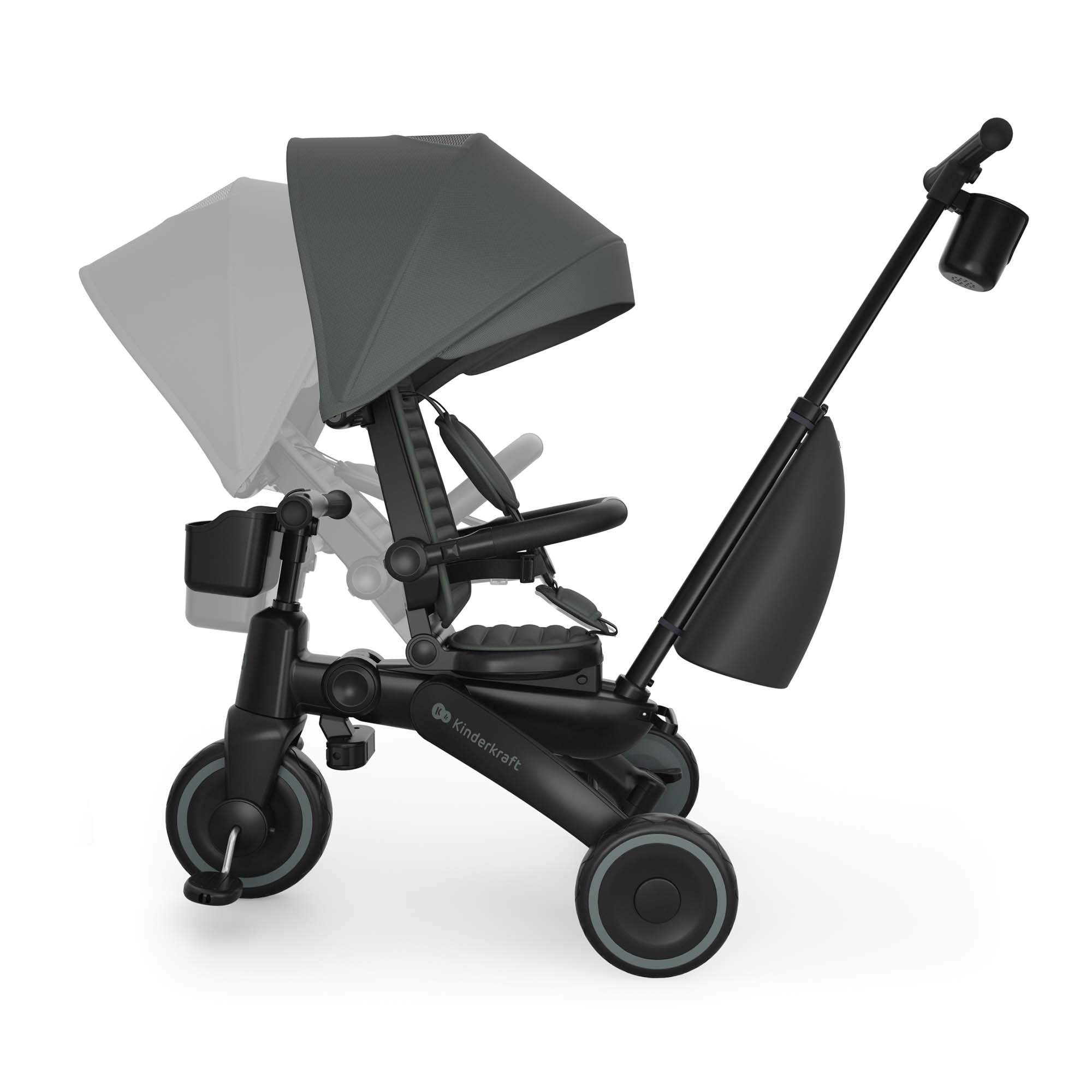 Ein grauer Kinderdreirad-Kinderwagen mit Verdeck und Becherhalter.