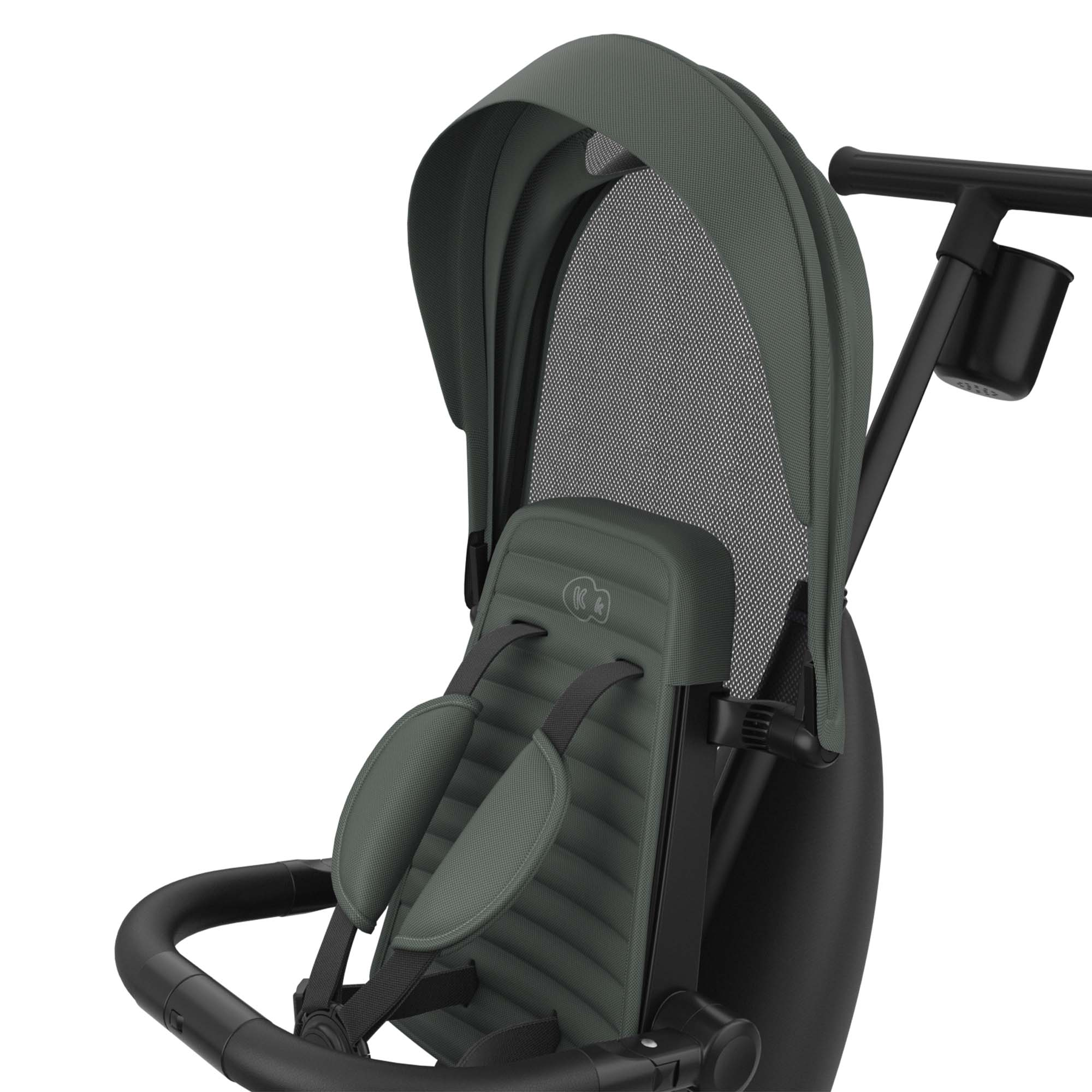 Dunkelgrauer Kinderwagen mit Sitz, Gurt und Sonnendach mit Netz.